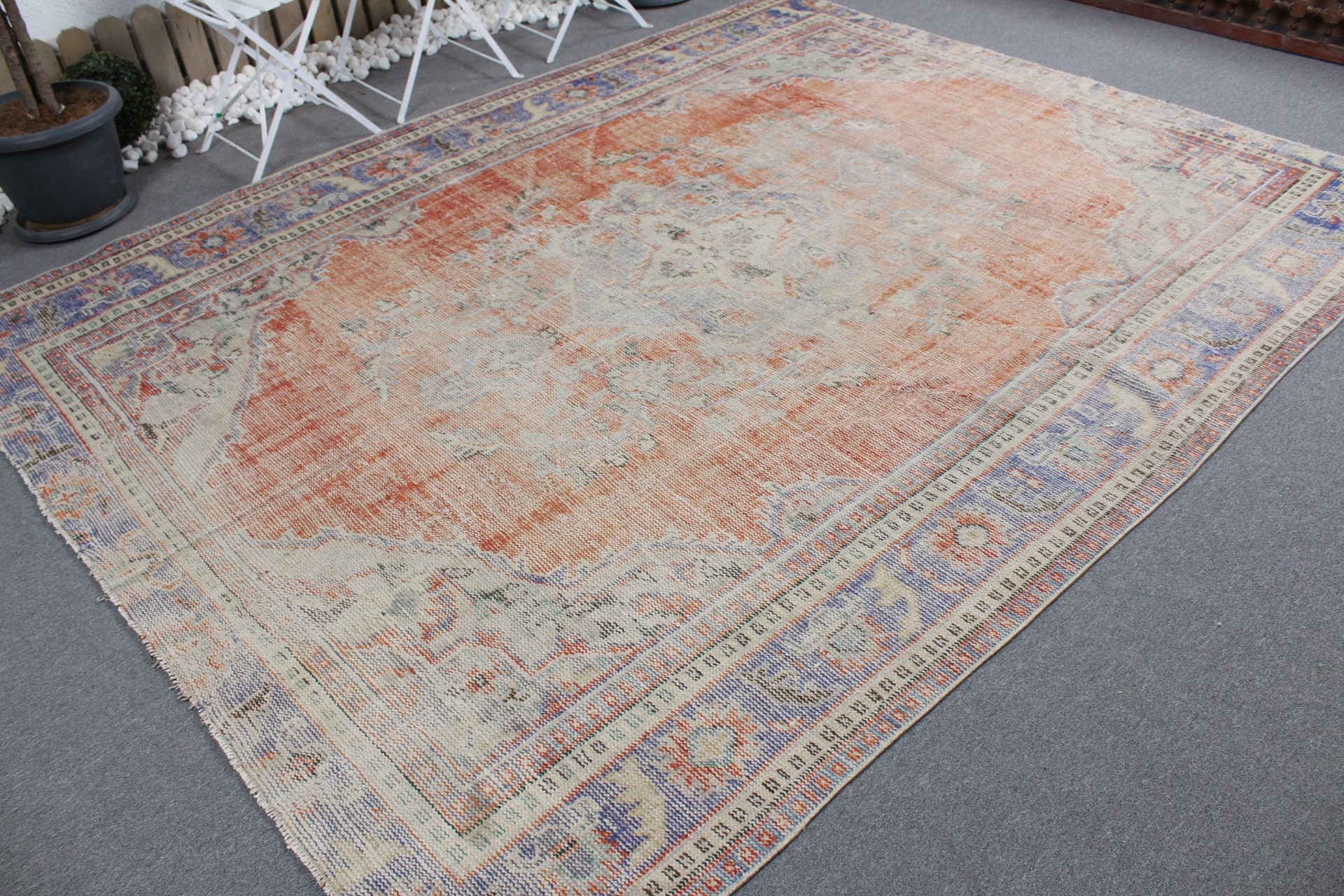 Saloon Rug, Turkish Rug, Wool Rugs, Vintage Rug, Orange  7.6x9.5 ft Oversize Rug, Dining Room Rugs, Kitchen Rugs, Outdoor Rug