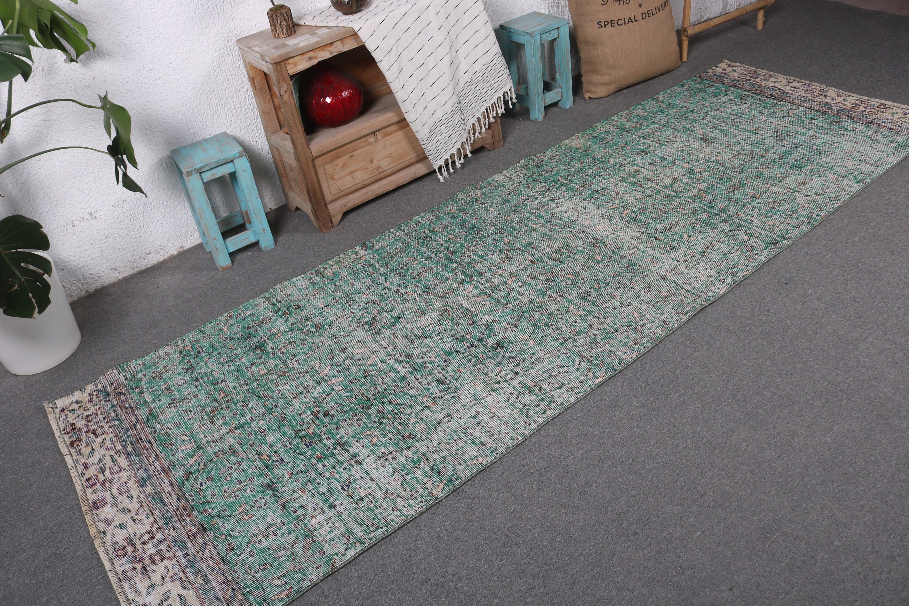 Ethnic Rug, Vintage Rugs, 3.3x9.7 ft Runner Rug, Stair Rugs, Turkish Rug, Long Runner Rugs, Green Wool Rugs, Geometric Rugs, Oriental Rug