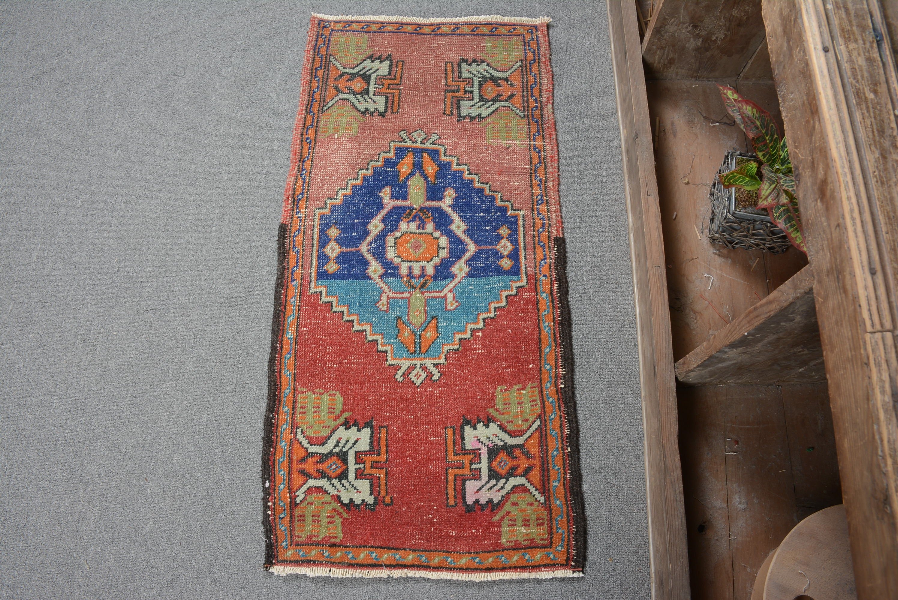 Moroccan Rugs, Vintage Rugs, Oriental Rugs, Bright Rug, 1.5x3.2 ft Small Rugs, Turkish Rug, Red Antique Rug, Wall Hanging Rug, Bathroom Rug