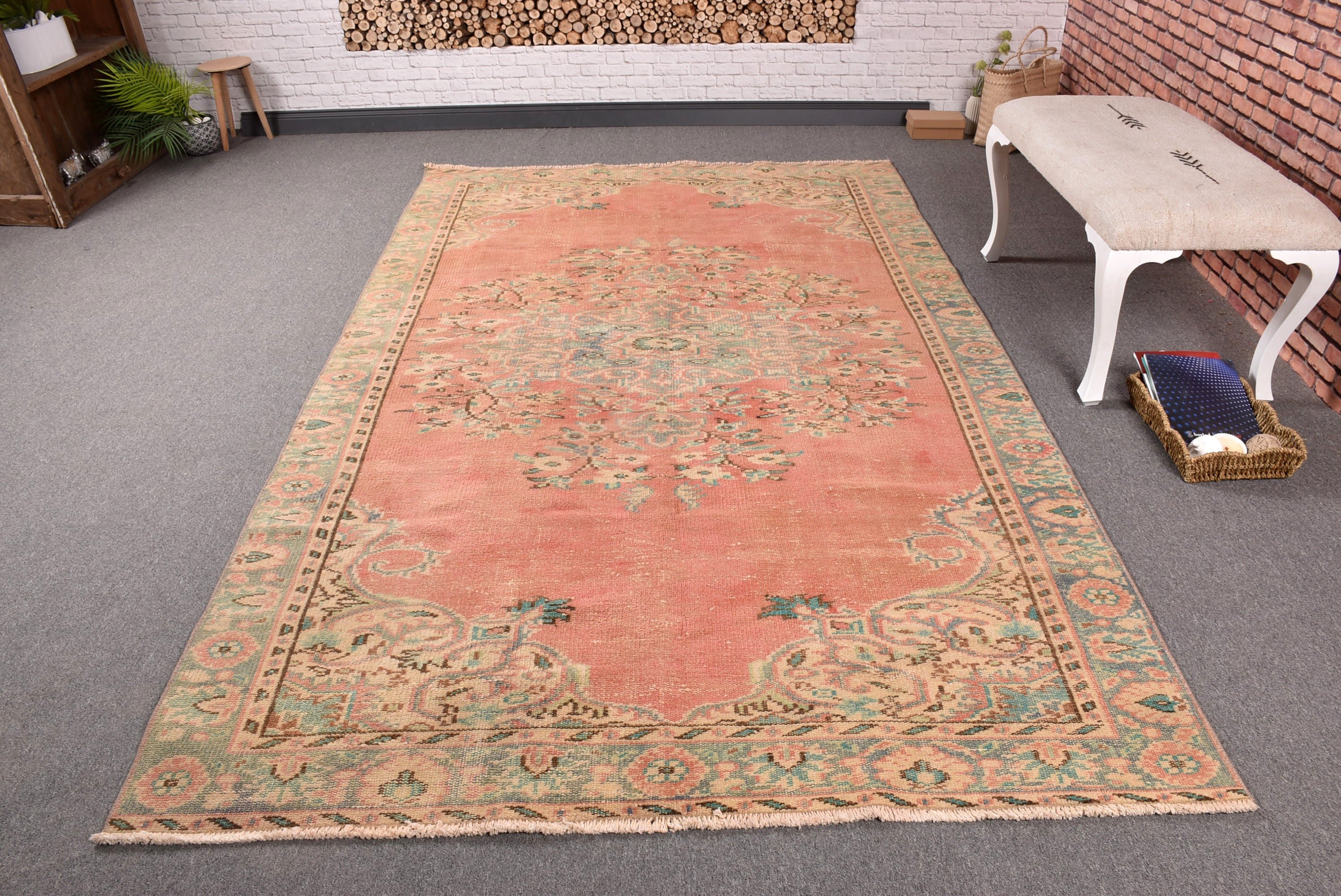 Turuncu Fas Halısı, Büyük Vintage Halılar, Türk Halısı, Vintage Halılar, Büyük Oushak Halısı, Lüks Halı, 5.3x8.9 ft Büyük Halılar, Geometrik Halılar