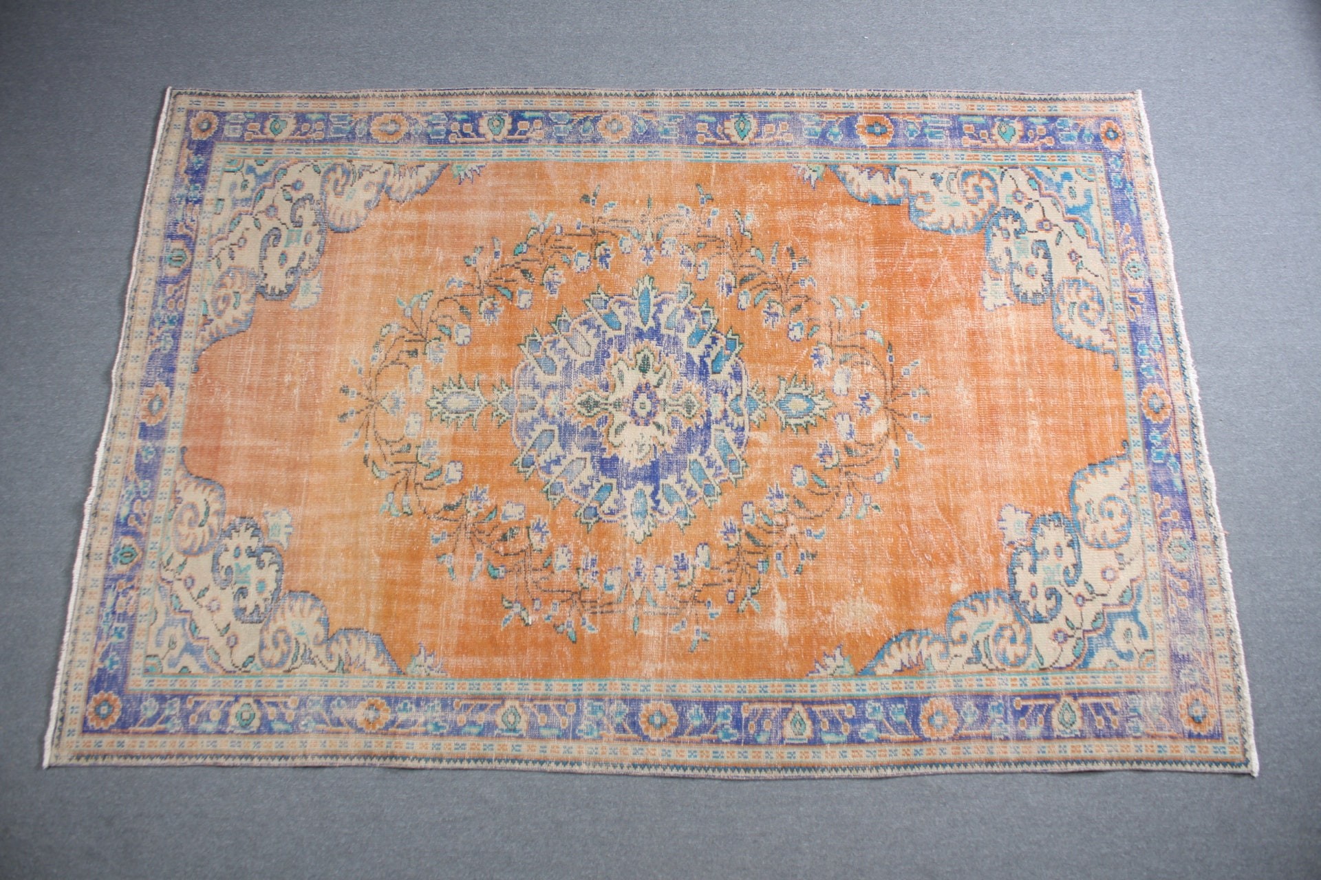 Mutfak Halısı, Turuncu Oryantal Halı, Türk Halıları, Vintage Halı, Oturma Odası Halıları, Antika Halı, 6.8x10.3 ft Büyük Boy Halı, Yemek Odası Halısı