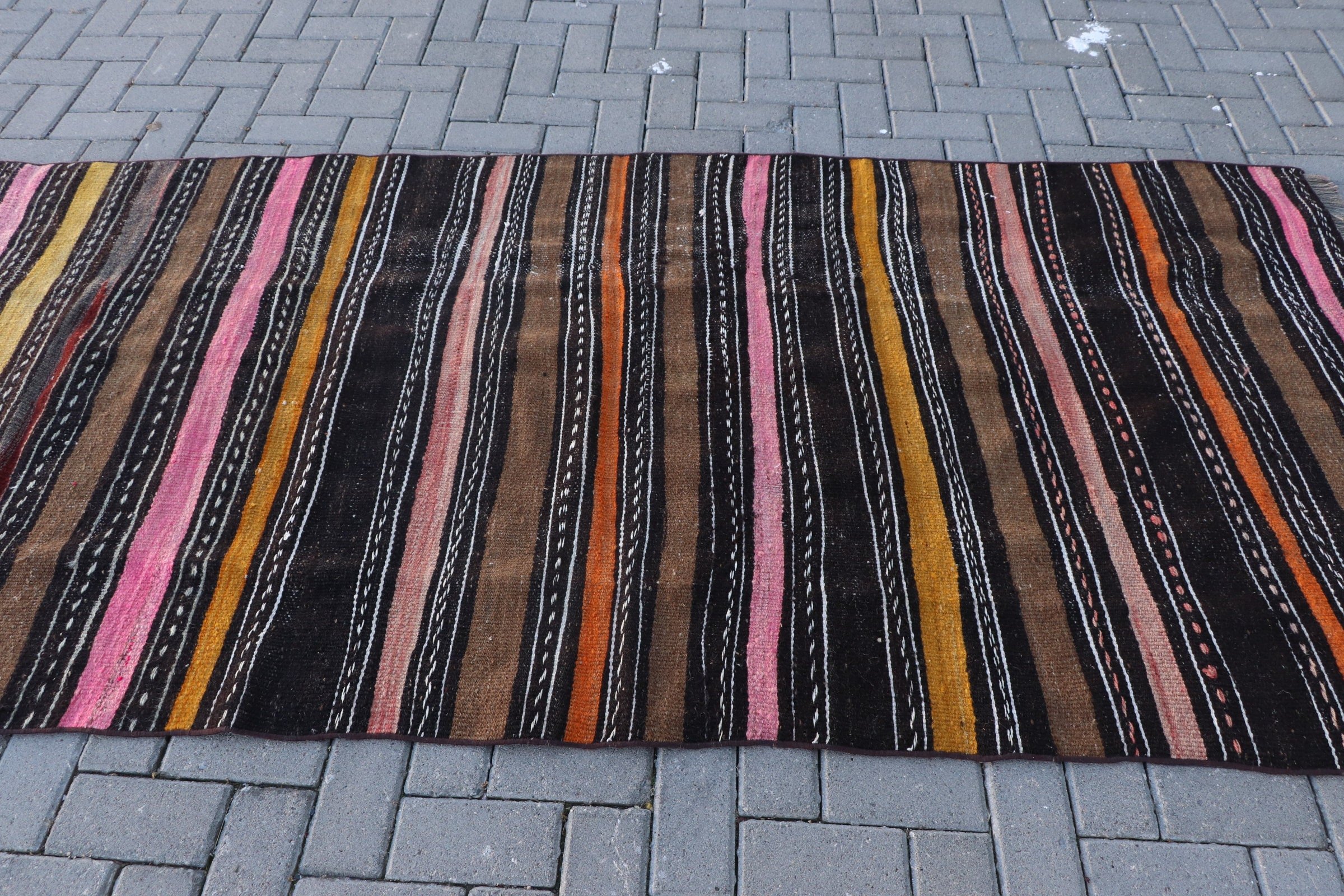 Turkish Rug, Indoor Rugs, Floor Rugs, Kilim, Oriental Rug, Retro Rug, Black  4x8.5 ft Area Rug, Vintage Rug