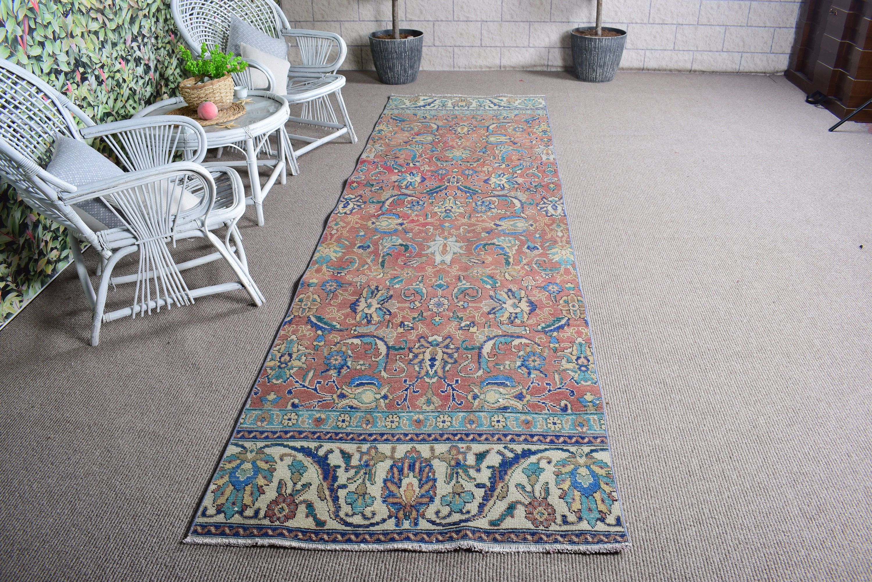 Kahverengi Lüks Halılar, Vintage Halı, Mutfak Halıları, Antika Halılar, Uzun Koşucu Halıları, 3.4x12.1 ft Runner Halısı, Türk Halıları, Vintage Runner Halısı