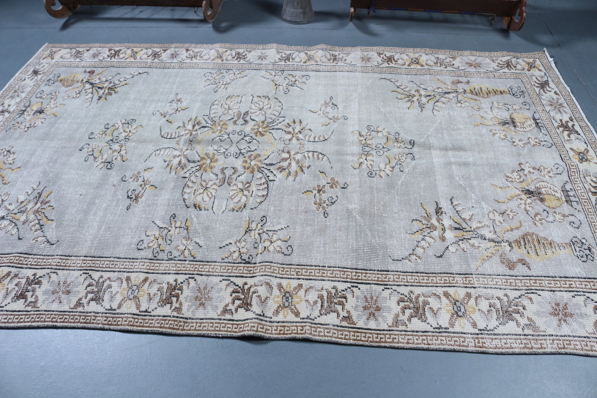 Yer Halısı, Vintage Halılar, Bej Ev Dekorasyonu Halısı, Türk Halısı, Yatak Odası Halısı, 5.8x9.3 ft Büyük Halı, Yatak Odası Halıları, Salon Halıları, Oushak Halısı