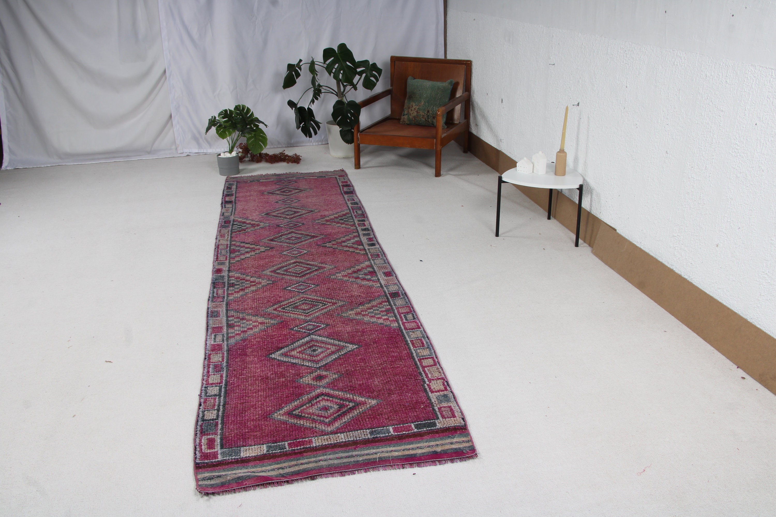 Vintage Halı, Mor Geometrik Halılar, Boho Halı, Yatak Odası Halıları, Uzun Yolluk Halıları, Merdiven Halıları, 3x11.3 ft Yolluk Halısı, Türk Halısı