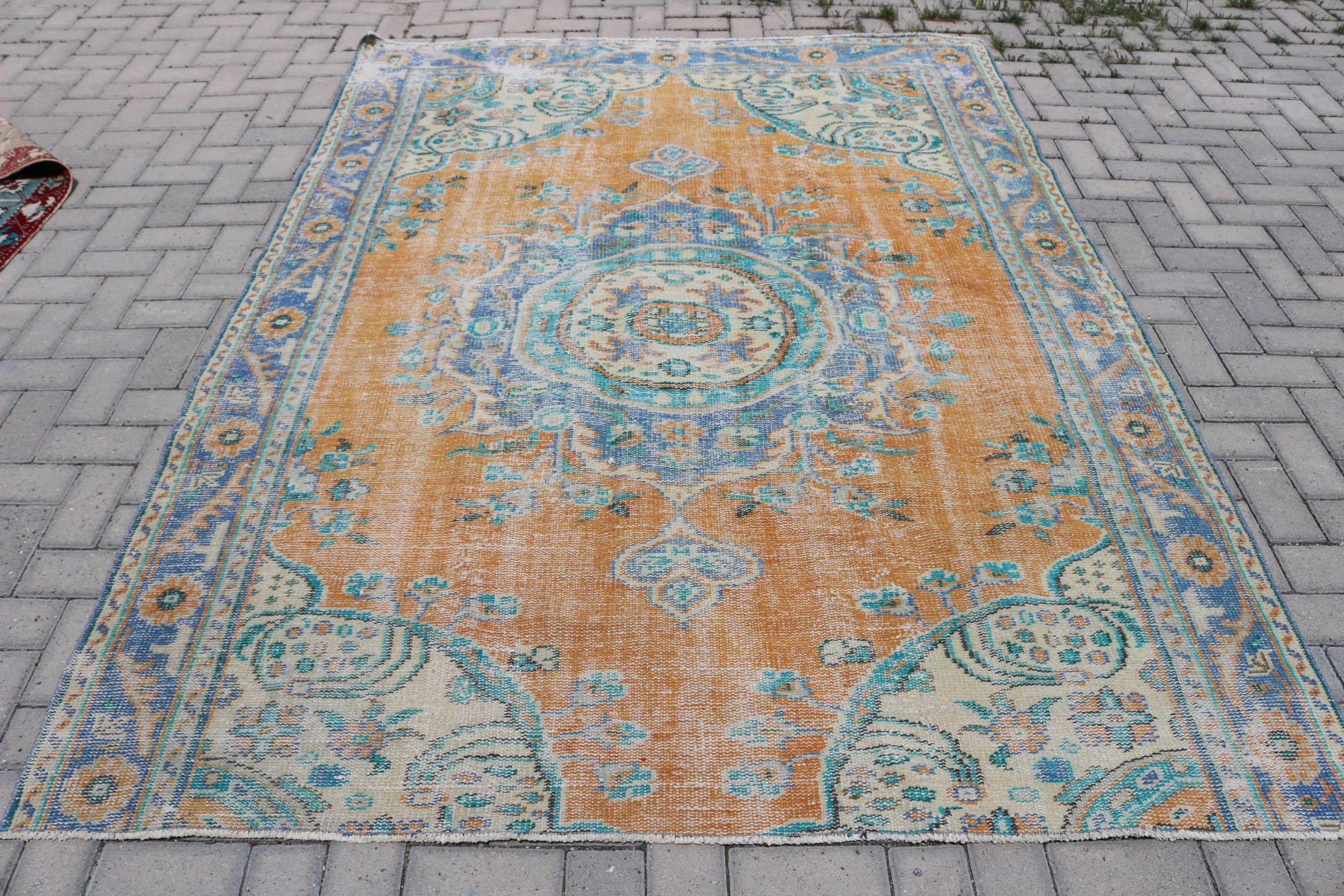 Yer Halısı, Yemek Odası Halısı, 6.1x8.4 ft Büyük Halı, Salon Halısı, Turuncu Anadolu Halısı, Türk Halısı, Vintage Halılar, Oryantal Halı