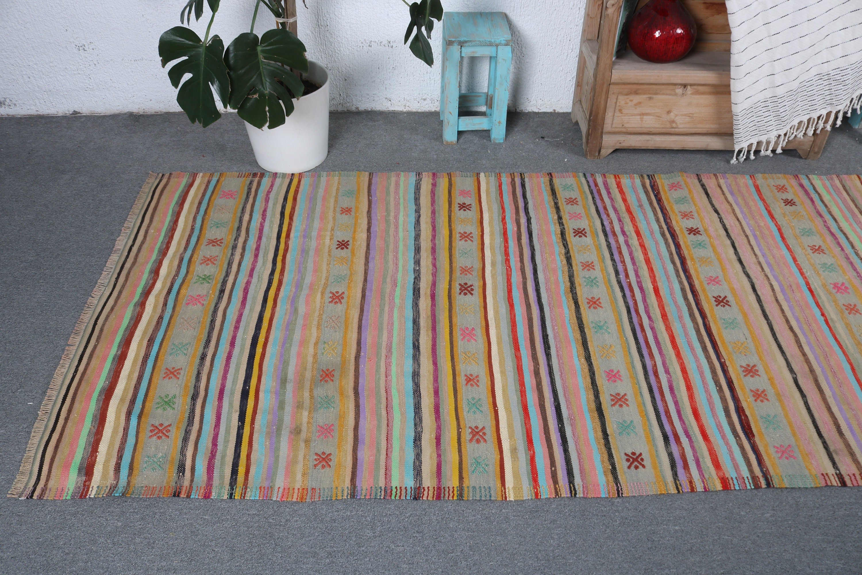 Rainbow Moroccan Rugs, Vintage Runner Rug, Vintage Rug, Kilim, 3.7x11.1 ft Runner Rugs, Turkish Rugs, Modern Rugs, Hallway Rug, Wool Rugs