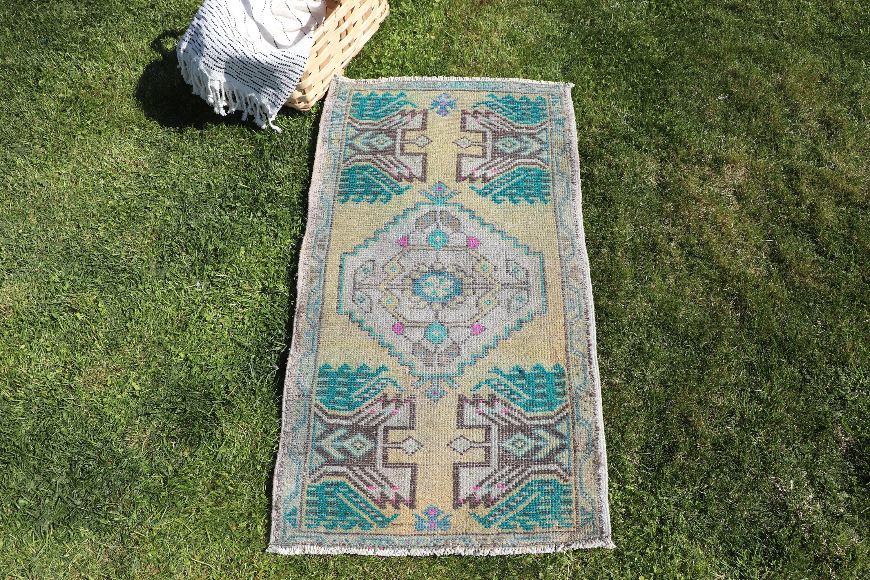 Vintage Halı, 1.7x3.1 ft Küçük Halı, Küçük Alan Halıları, Geometrik Halı, Sarı Soğuk Halı, Küçük Vintage Halı, Türk Halıları, El Dokuma Halı