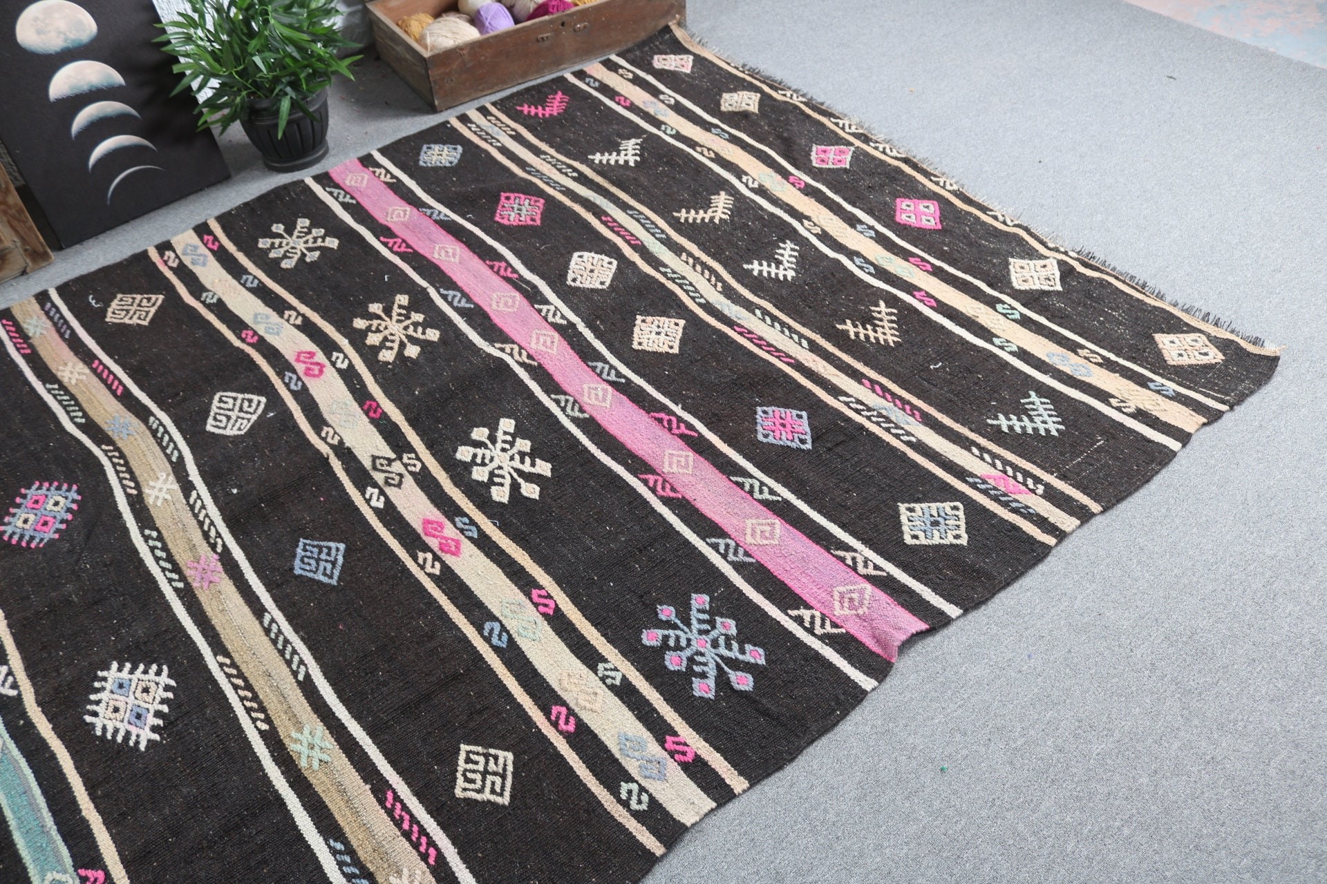 Türk Halıları, Vintage Halı, Düz Dokuma Halı, Büyük Oushak Halı, Siyah Yün Halılar, Kilim, Nötr Halı, Büyük Vintage Halı, 6.1x10.9 ft Büyük Halılar