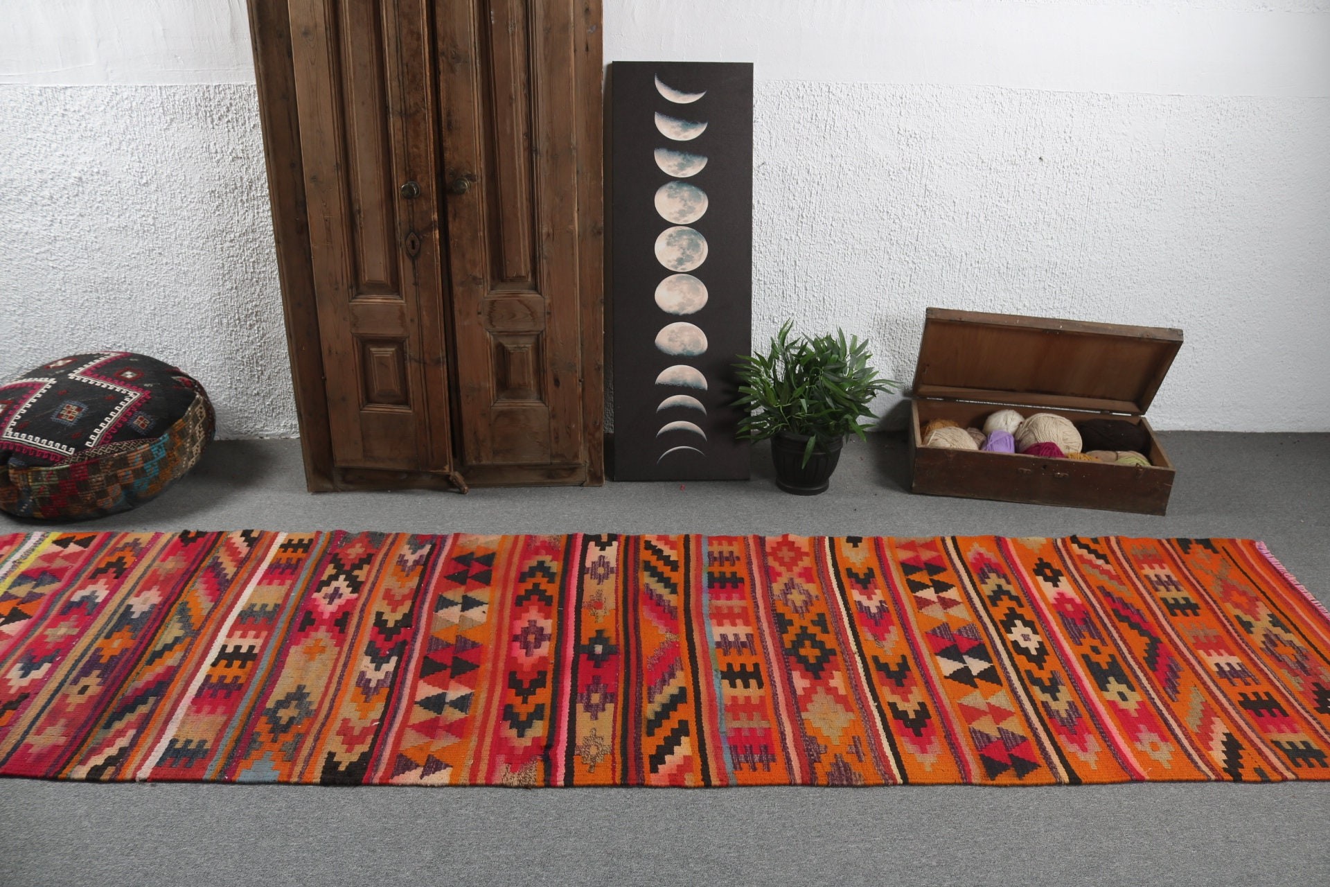 Uzun Yolluk Halıları, Uzun Koşucu Halıları, Vintage Halı, Türk Halıları, 3x11.9 ft Koşucu Halısı, Yatak Odası Halıları, Boho Halısı, Turuncu Yatak Odası Halıları