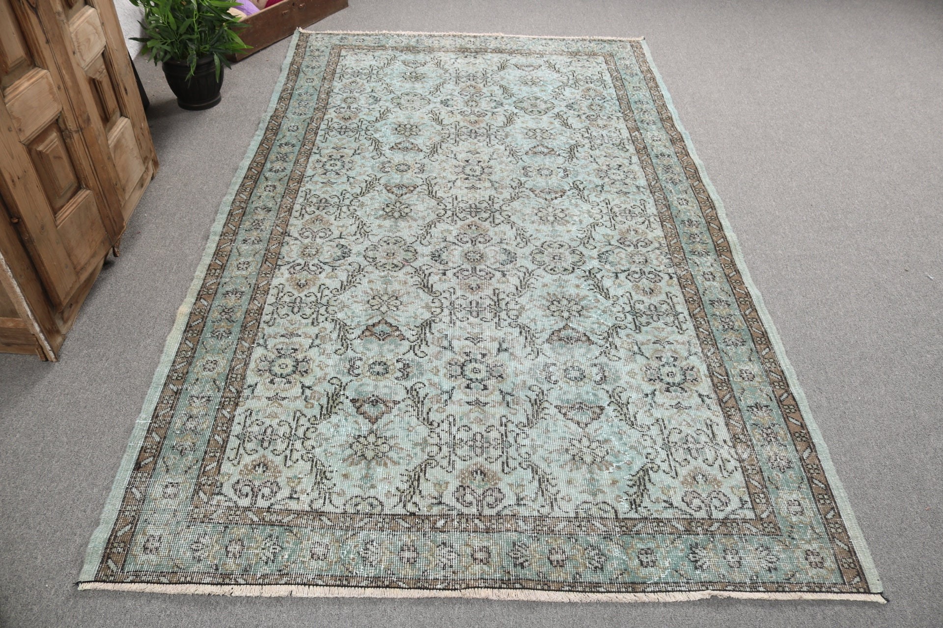 Büyük Vintage Halı, Yatak Odası Halısı, Vintage Halılar, Türk Halıları, Büyük Oushak Halısı, Oryantal Halılar, 5x8,3 ft Büyük Halı, Yeşil Antika Halı