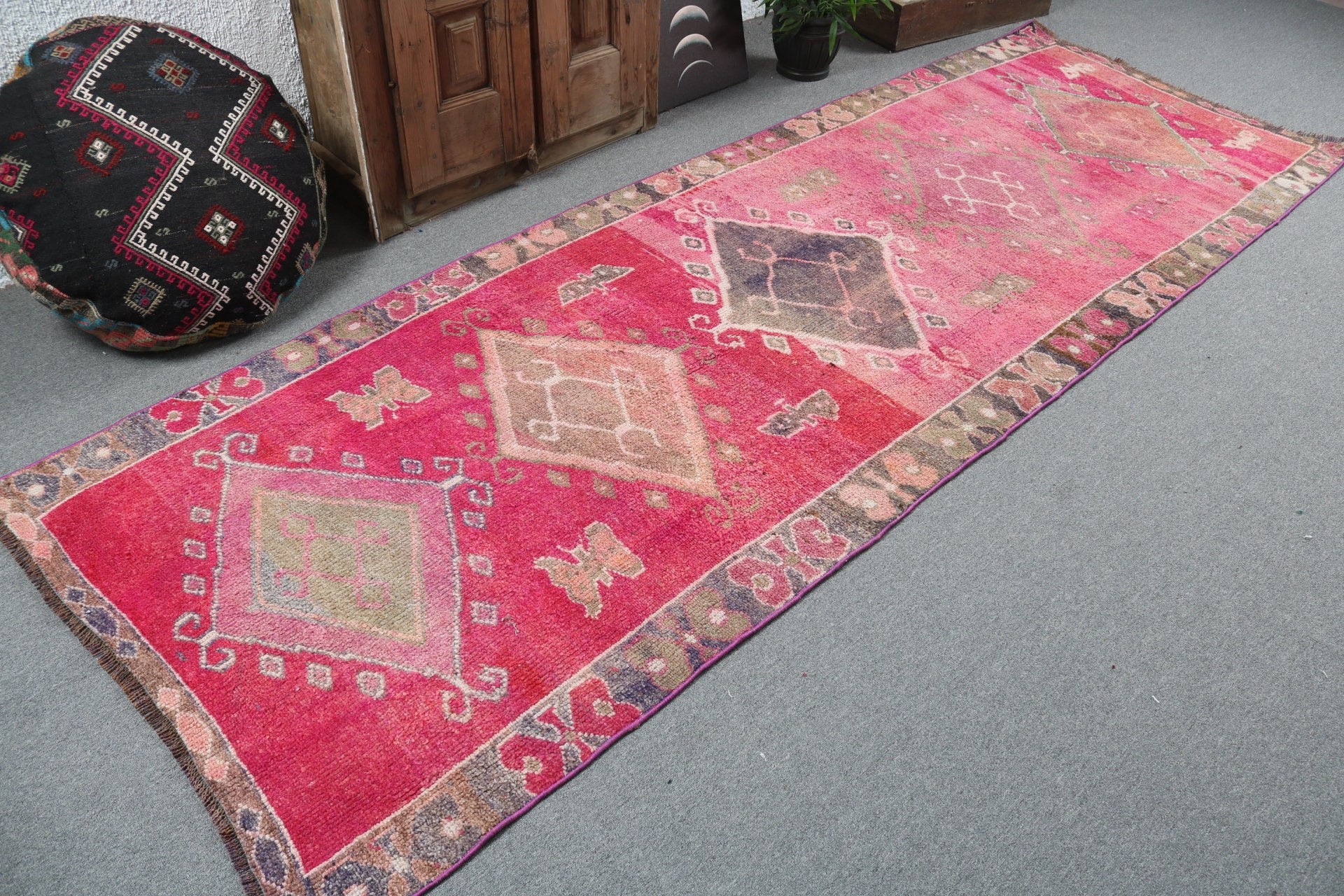 3.6x10.3 ft Runner Halı, Geometrik Halı, Anadolu Halıları, Mutfak Halısı, Türk Halısı, Koridor Halıları, Boho Halıları, Vintage Halı, Pembe Düz Dokuma Halılar