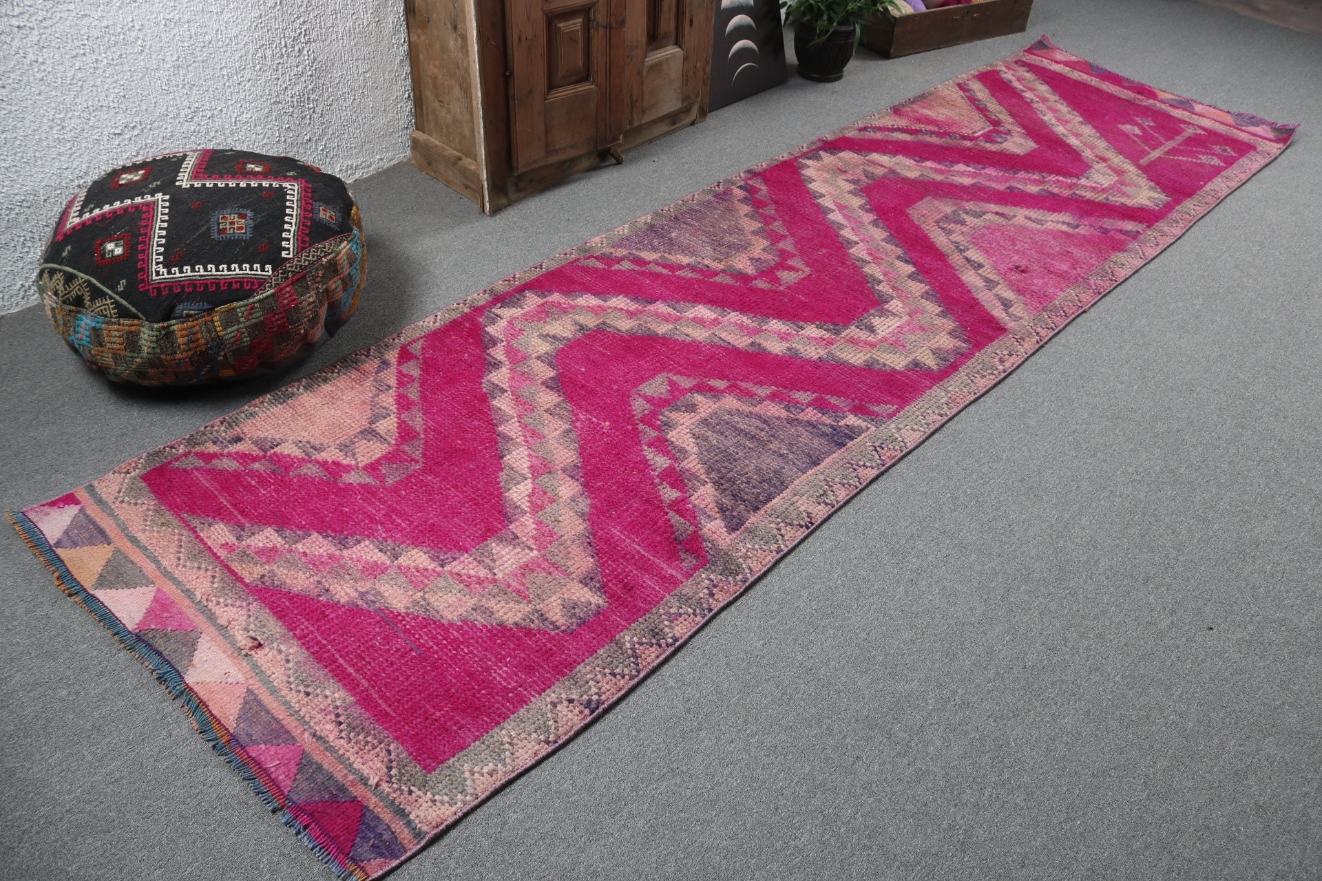 Geometrik Halı, 3.3x11.7 ft Yolluk Halı, Anadolu Halısı, Pembe Fas Halısı, Koridor Halısı, Vintage Halı, Uzun Yolluk Halısı, Türk Halısı, Yer Halısı