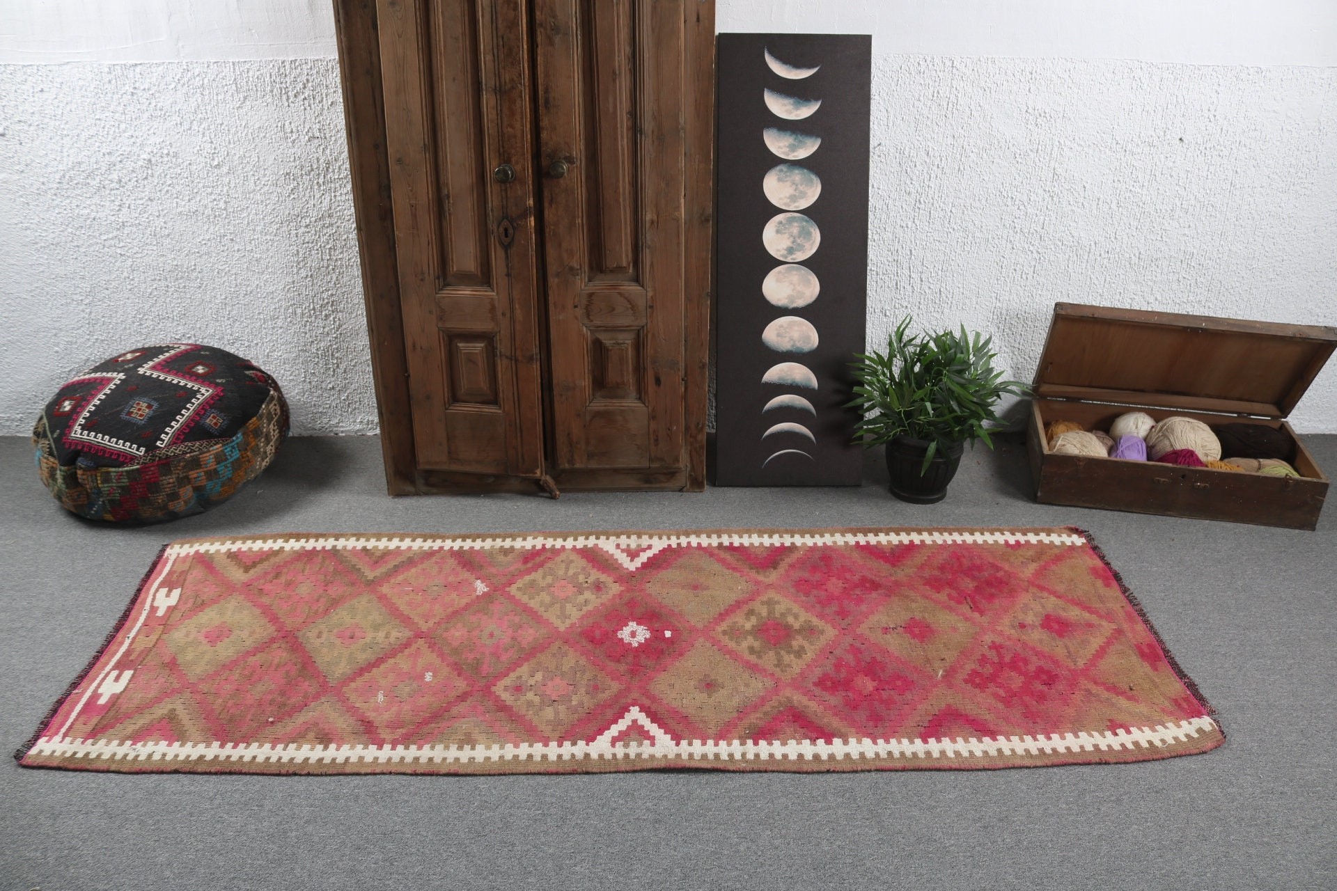 Aztek Halıları, Bildiri Halısı, Türk Halısı, Vintage Halılar, 2,9x7,5 ft Runner Halısı, Beni Ourain Runner Halısı, Pembe Geometrik Halı, Geometrik Halılar