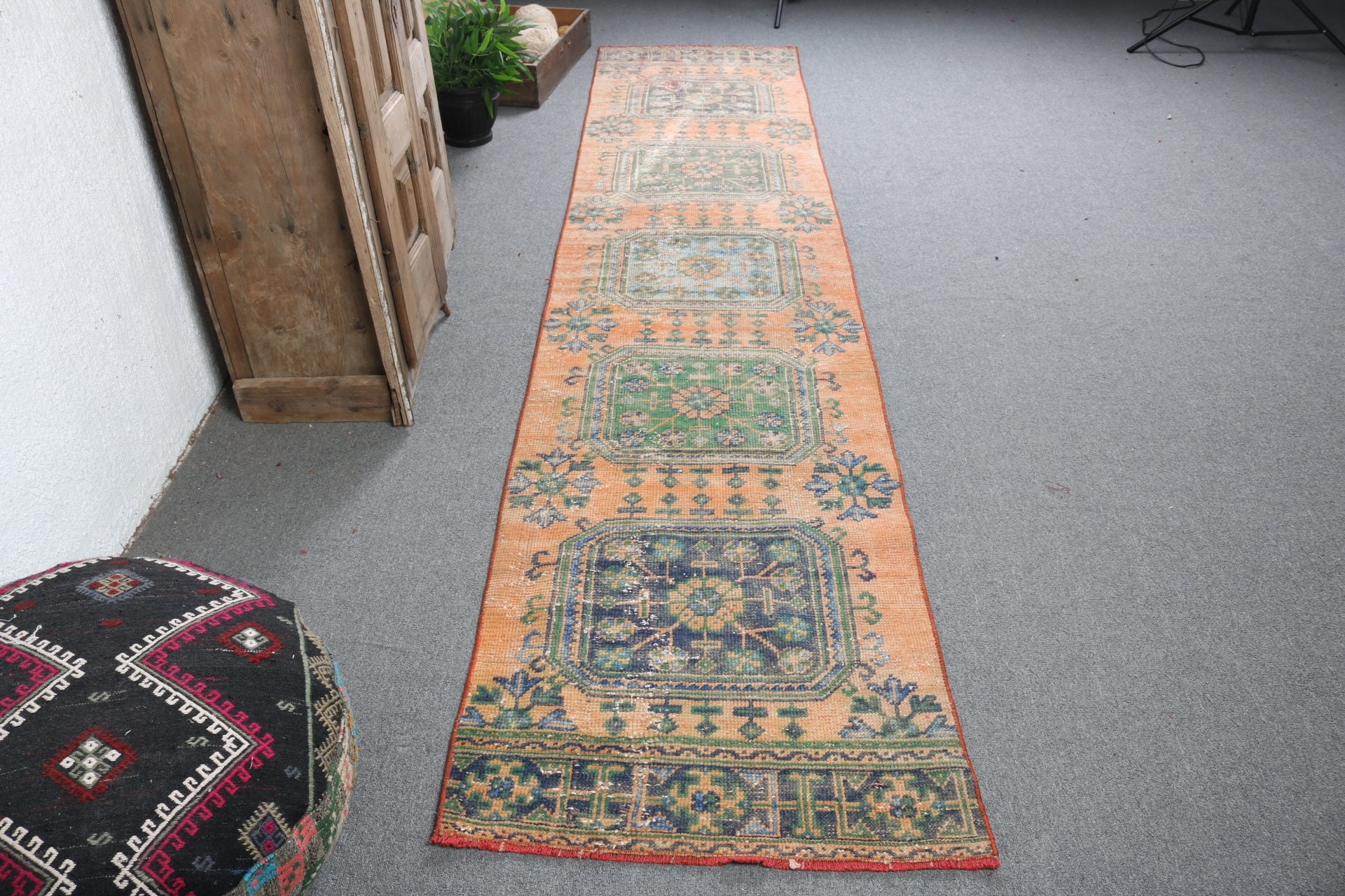 Mutfak Halıları, 2,5x11,6 ft Runner Halıları, Vintage Runner Halıları, Turuncu Havalı Halılar, Türk Halıları, Oushak Halısı, Vintage Halılar, Boho Halıları