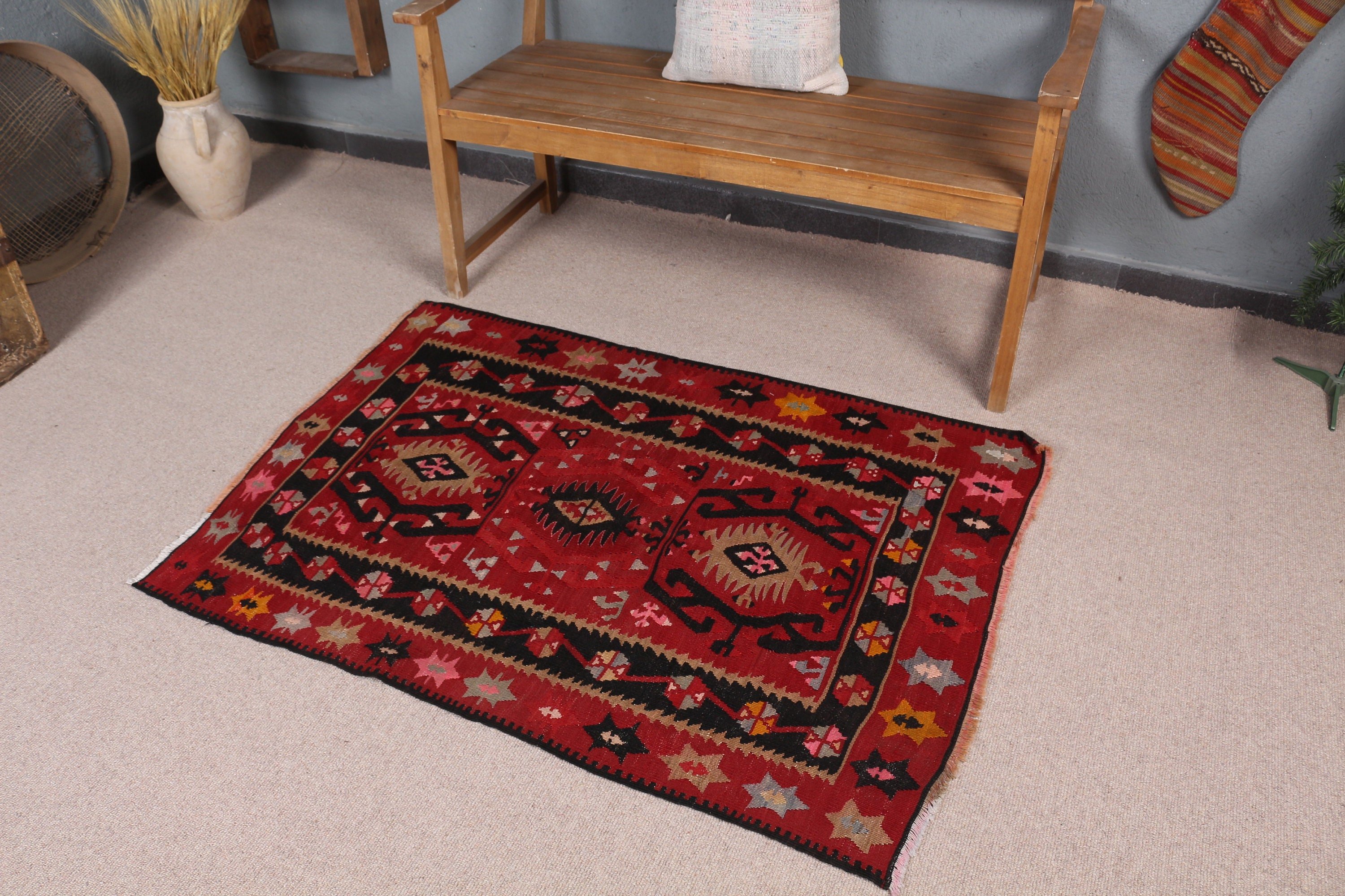 Kilim, Vintage Halı, Kırmızı Mutfak Halıları, Banyo Halısı, Yer Halısı, Çocuk Halısı, 3.1x4.5 ft Küçük Halı, Banyo Halıları, Türk Halısı, Oushak Halısı