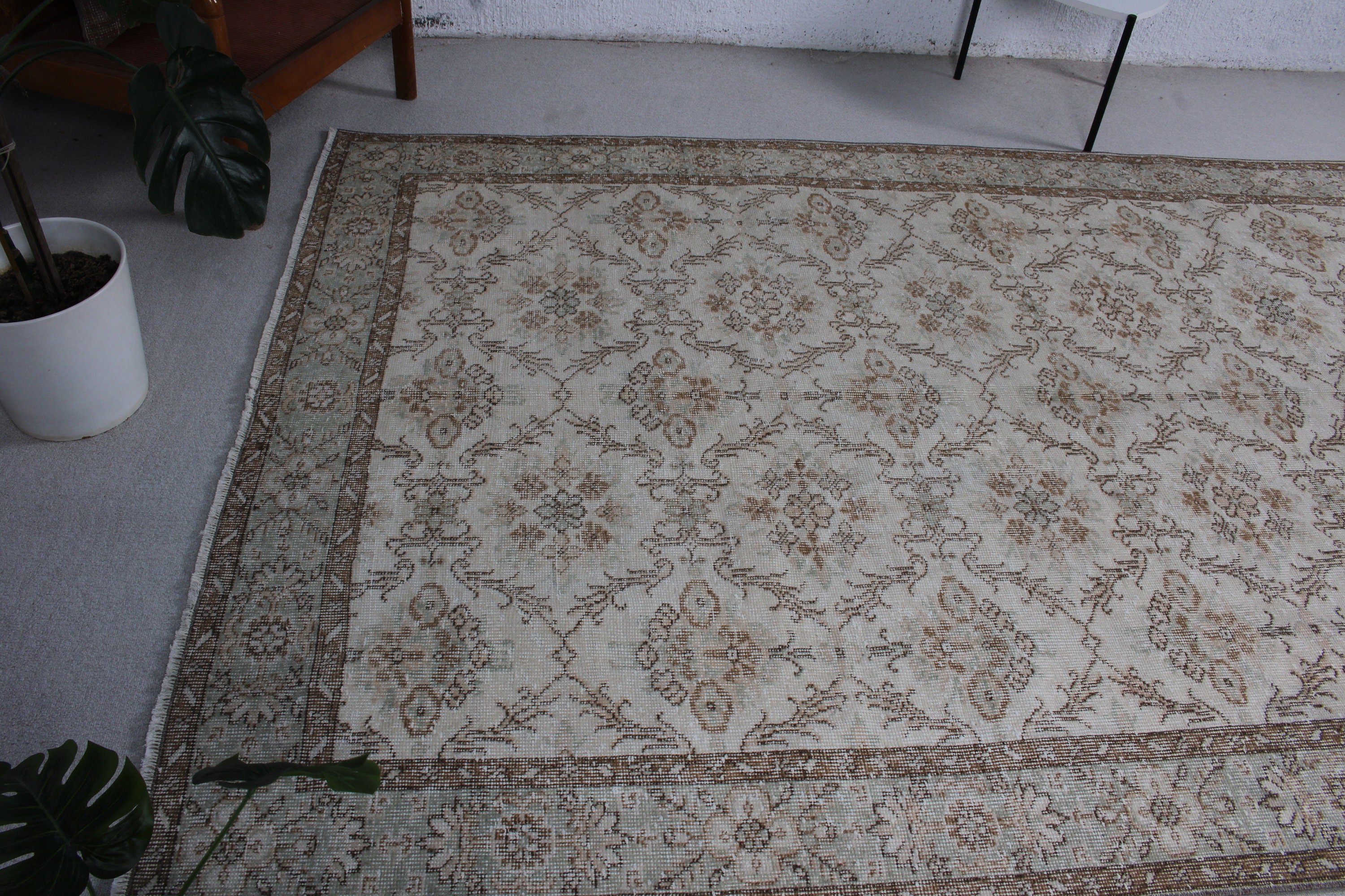 Yer Halısı, Bej Nötr Halı, Yemek Odası Halısı, Türk Halısı, Büyük Oushak Halısı, Vintage Halı, Düz Dokuma Halılar, 6.1x9.7 ft Büyük Halı, Boho Halısı