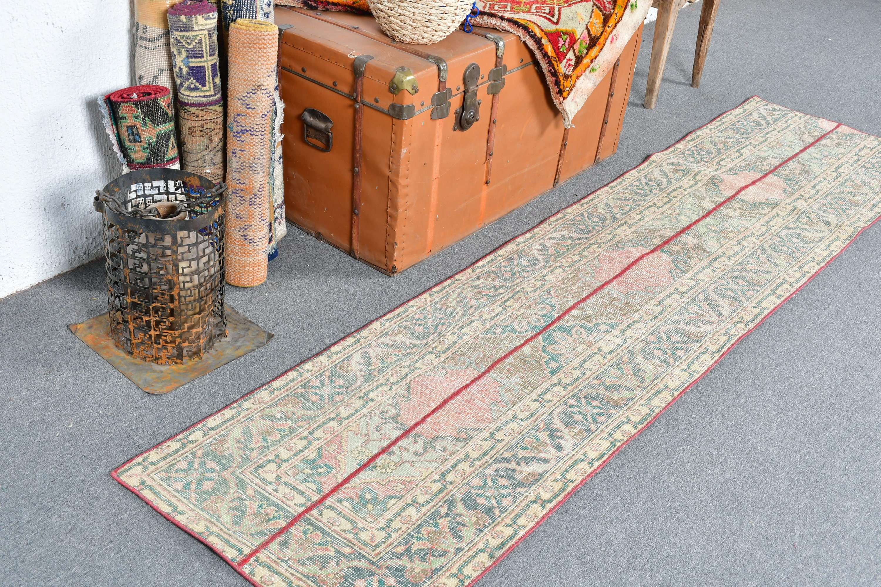 Vintage Halı, Yeşil Yün Halı, Merdiven Halıları, Merdiven Halıları, Koridor Halısı, 2x8.3 ft Runner Halısı, Ev Dekorasyonu Halısı, Yer Halıları, Türk Halısı