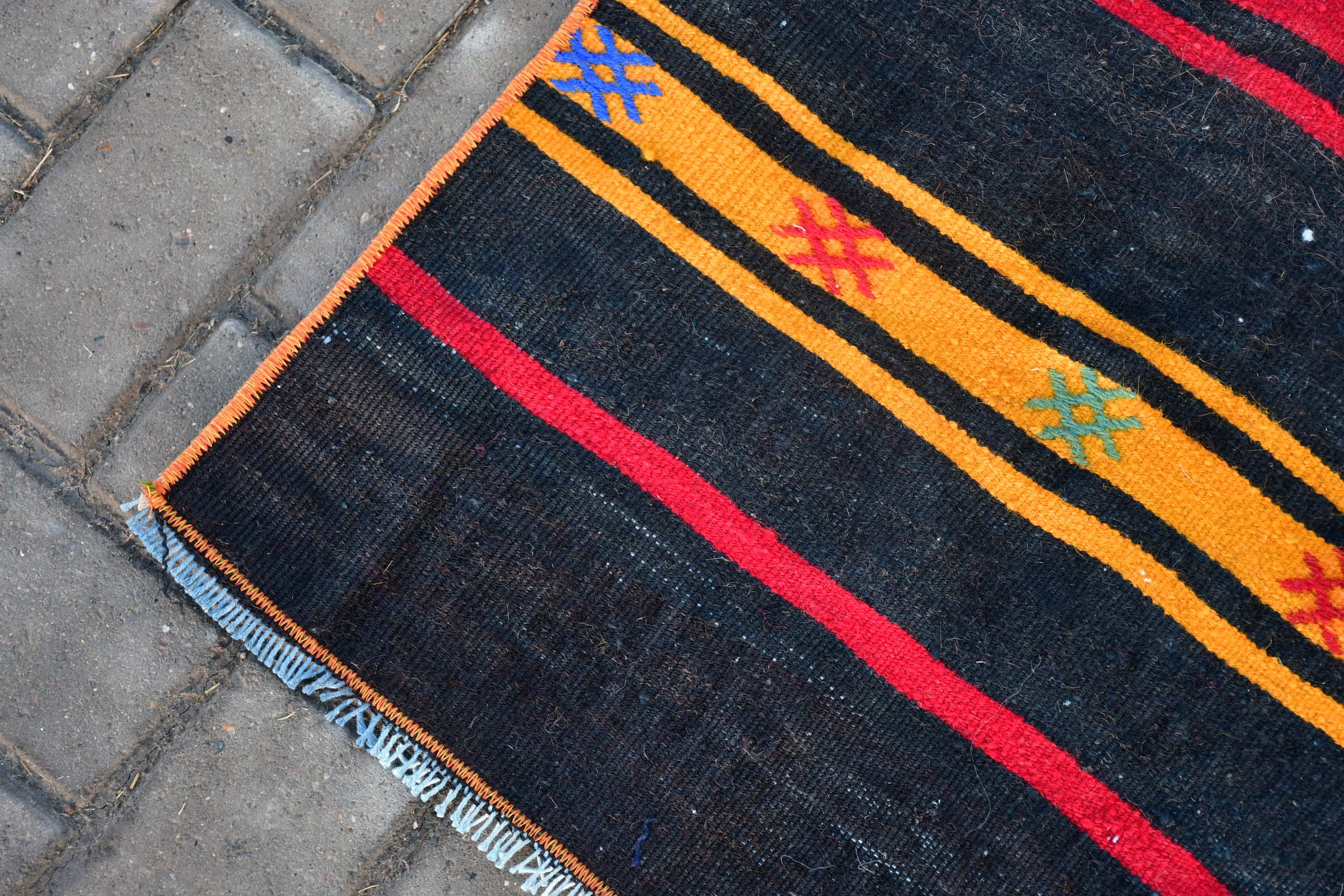 Corridor Rug, Anatolian Rugs, 3.4x11.4 ft Runner Rug, Oriental Rugs, Vintage Rug, Black Kitchen Rugs, Rugs for Kitchen, Kilim, Turkish Rug