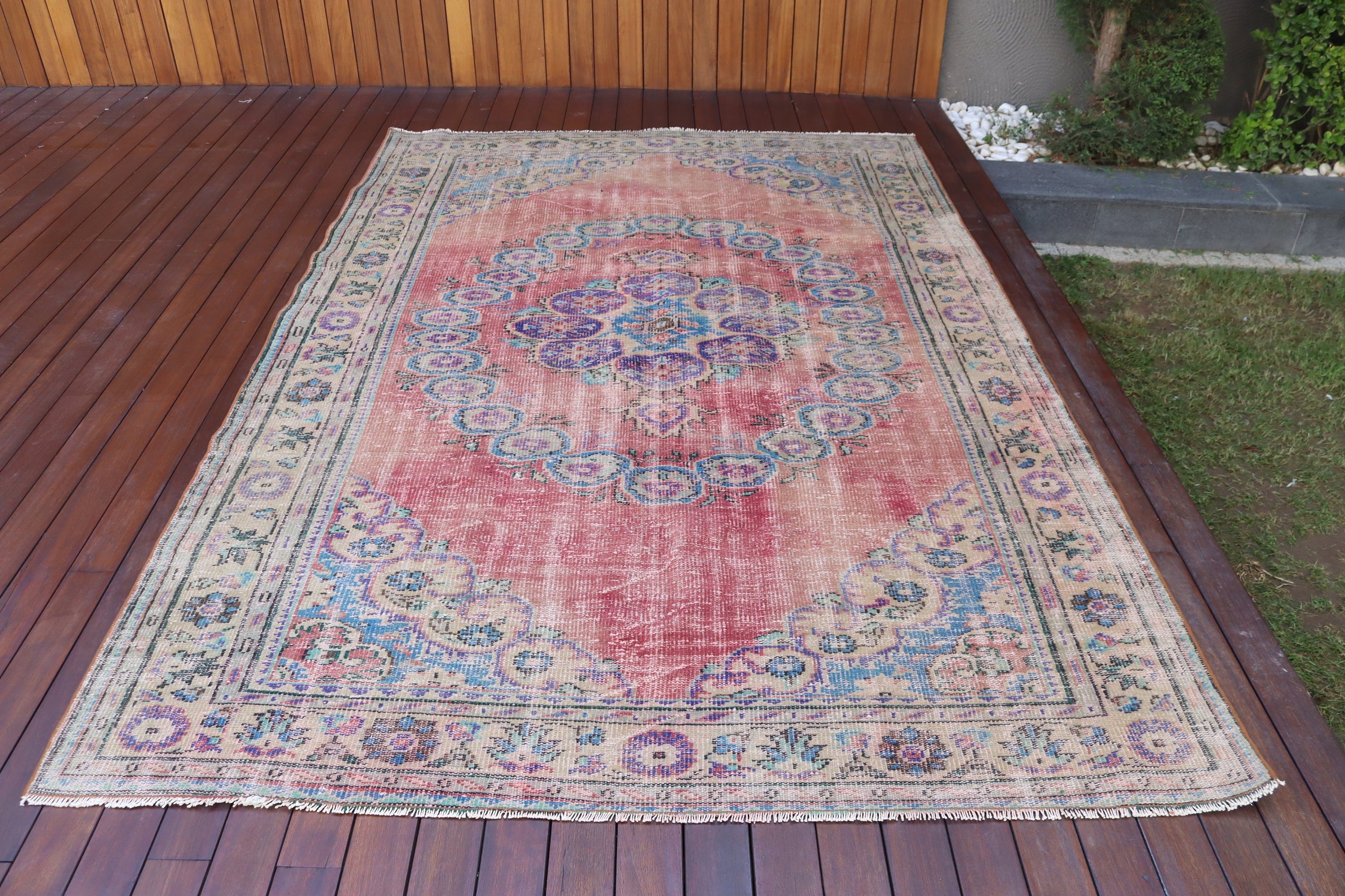 Yün Halı, Büyük Boho Halı, 6.1x9.1 ft Büyük Halılar, Türk Halıları, Büyük Oushak Halıları, Kırmızı Düz ​​Dokuma Halı, Vintage Halılar