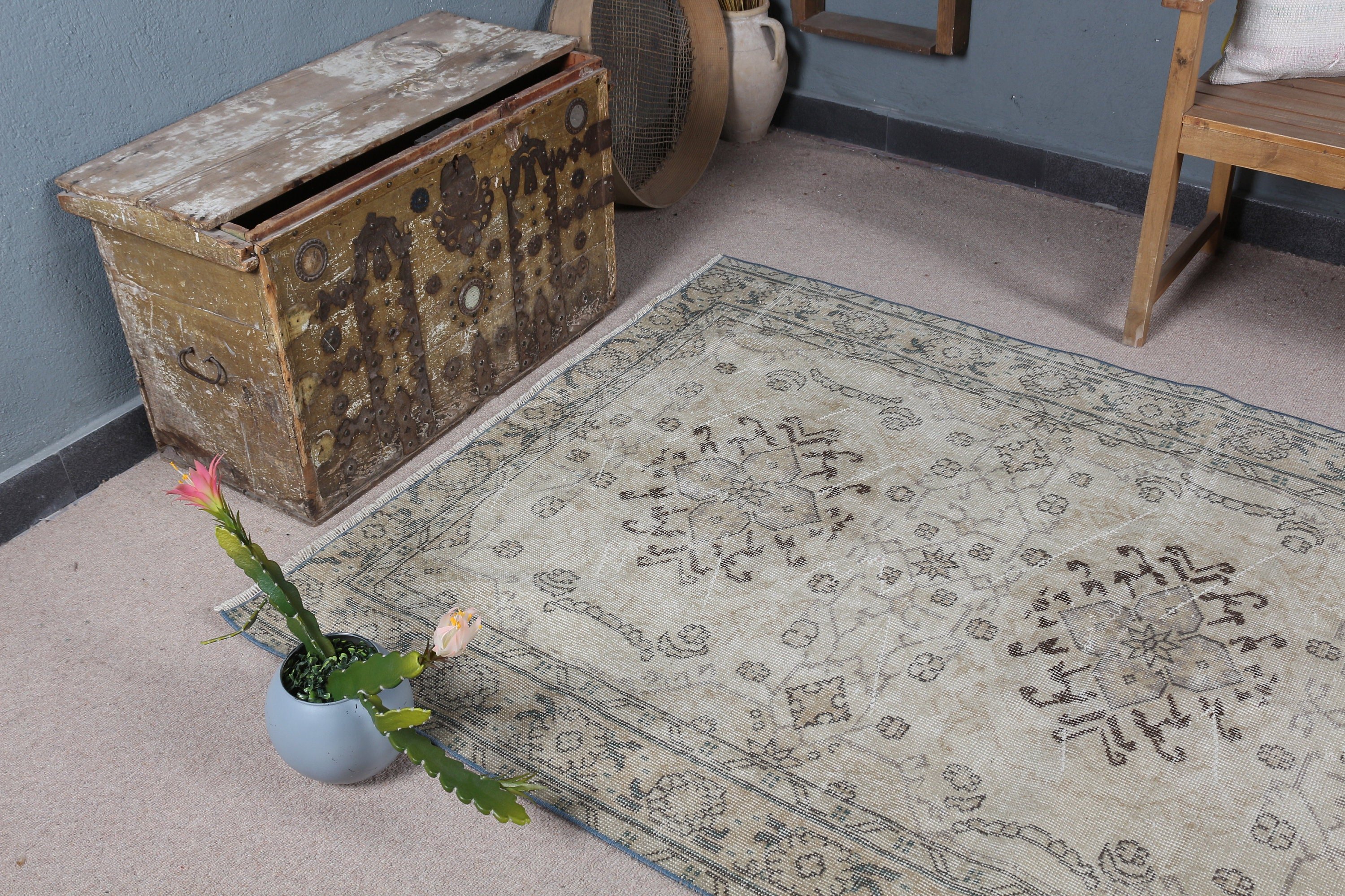 Beige Floor Rug, Turkish Rug, Rugs for Kitchen, Oriental Rugs, 4.3x7.2 ft Area Rug, Vintage Rugs, Kitchen Rug, Nursery Rug