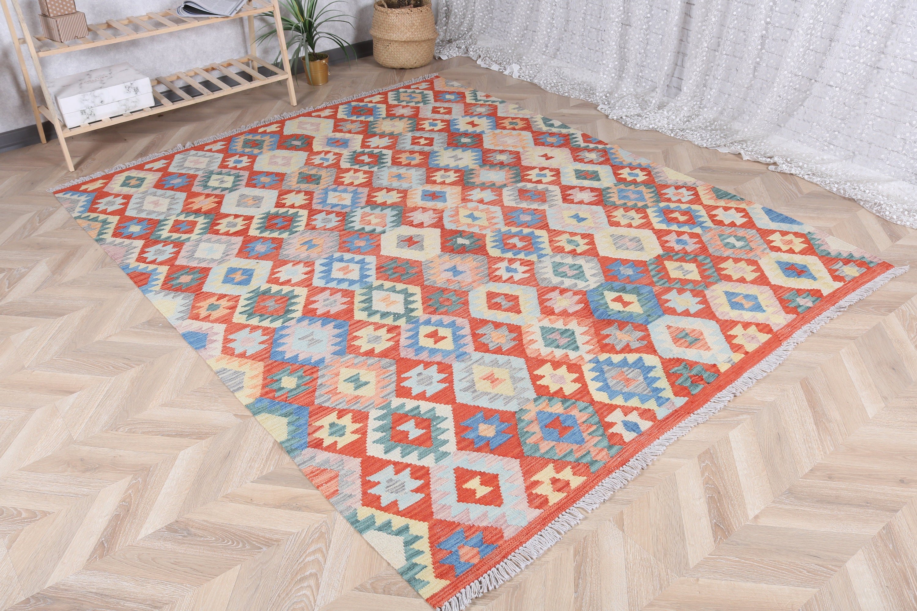 Turkish Rug, Living Room Rugs, Vintage Rug, Large Oushak Rugs, 6x7.6 ft Large Rug, Rainbow Boho Rug, Neutral Rug, Aztec Rug, Flatweave Rugs