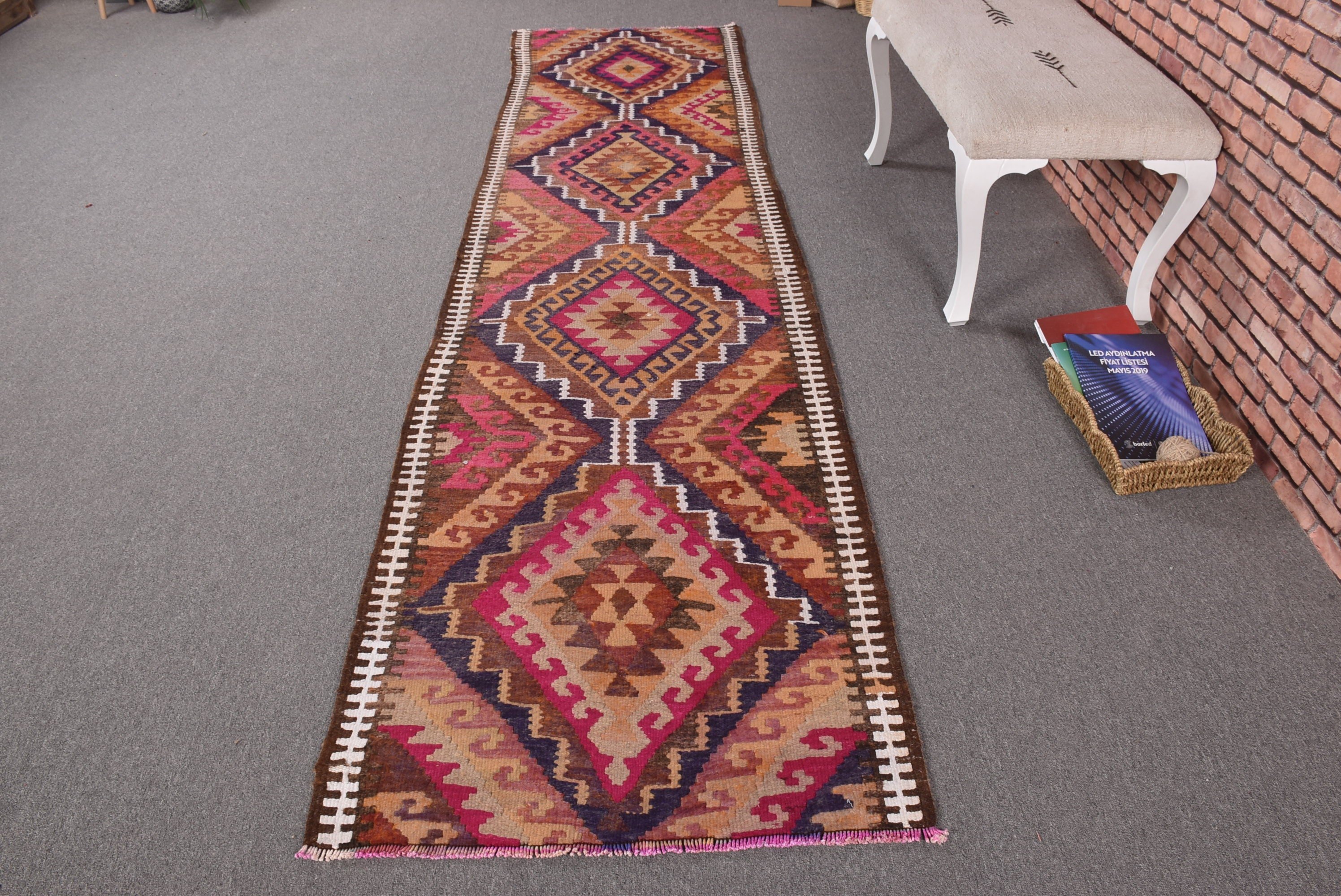 Turkish Rug, Vintage Rugs, Bedroom Rug, Cool Rugs, Brown  2.7x10.5 ft Runner Rugs, Hallway Rug, Rugs for Vintage Runner