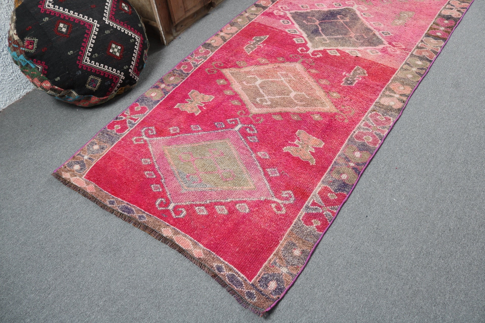 3.6x10.3 ft Runner Rug, Geometric Rug, Anatolian Rugs, Kitchen Rug, Turkish Rug, Hallway Rugs, Boho Rugs, Vintage Rug, Pink Flatweave Rugs