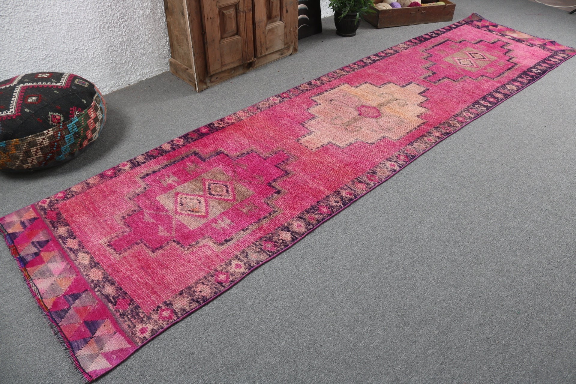 Vintage Rug, Decorative Rugs, 3.2x12.7 ft Runner Rug, Rugs for Stair, Turkish Rugs, Pink Statement Rug, Anatolian Rug, Stair Rug, Wool Rug