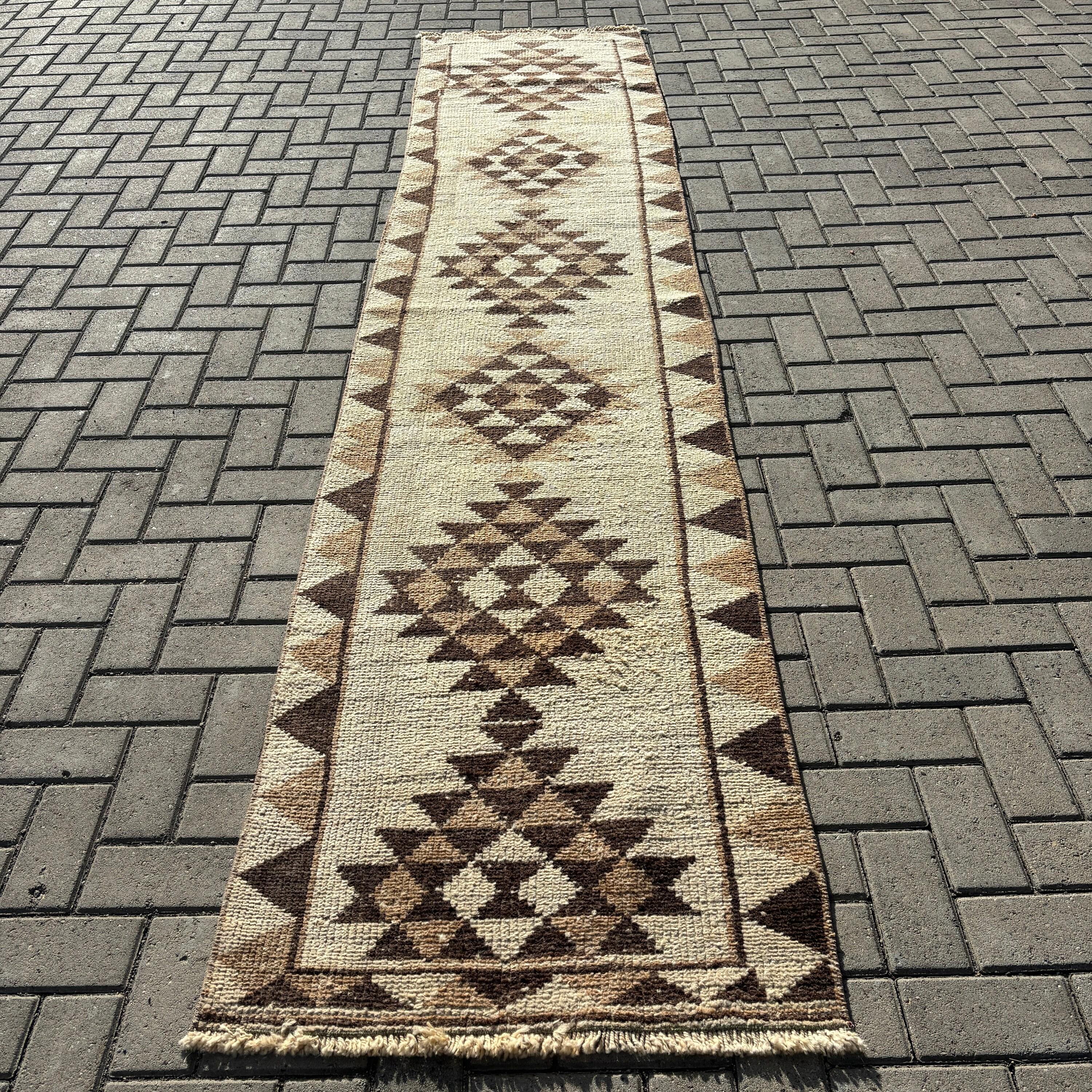 Beni Ourain Runner Halıları, Cool Halılar, Vintage Halı, Bej Nötr Halı, 2.5x11.7 ft Runner Halıları, Türk Halıları, Merdiven Halıları