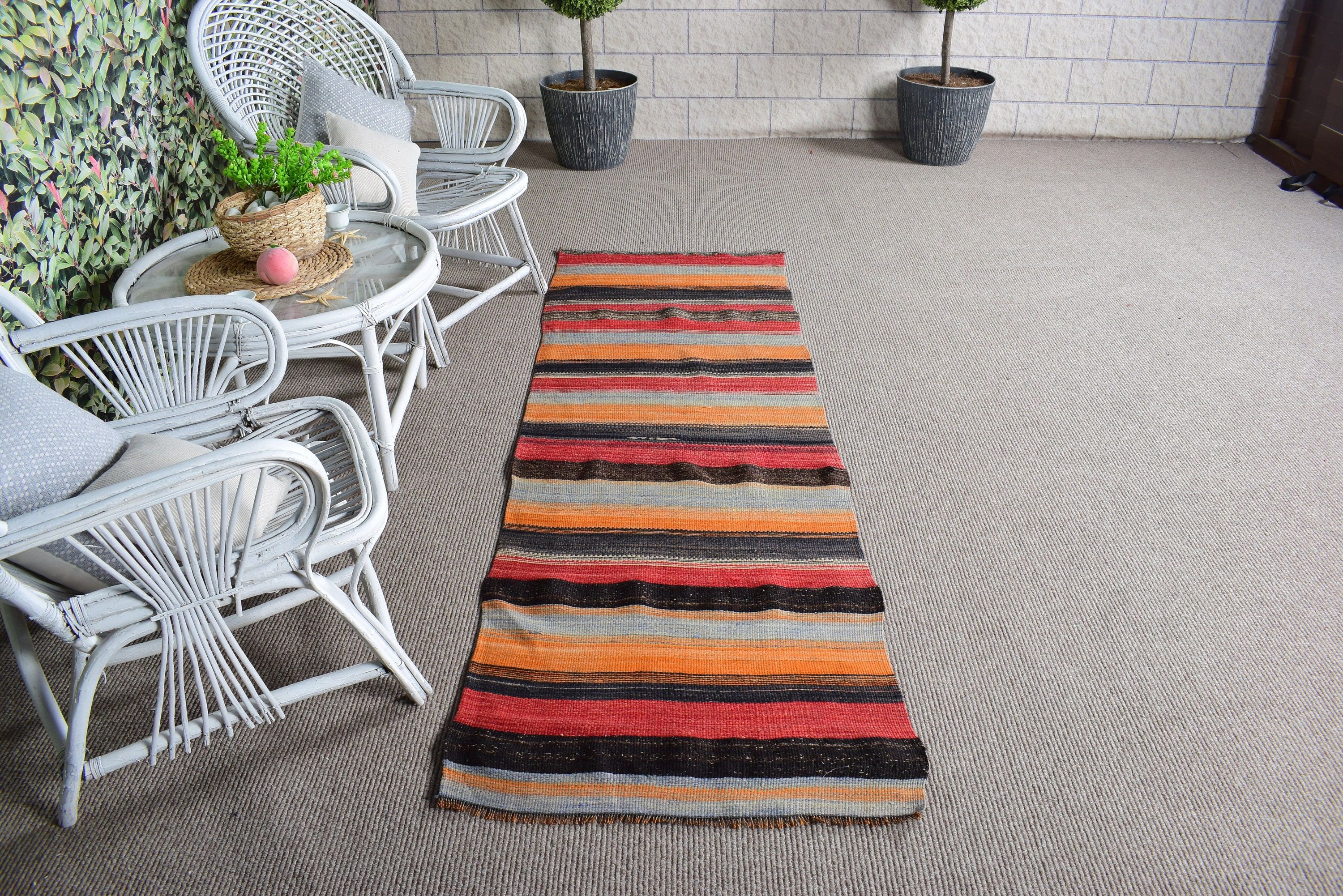 Turkish Rugs, Orange Boho Rugs, 2.4x7.3 ft Runner Rugs, Wool Rugs, Kitchen Rug, Vintage Rug, Kilim, Long Runner Rug