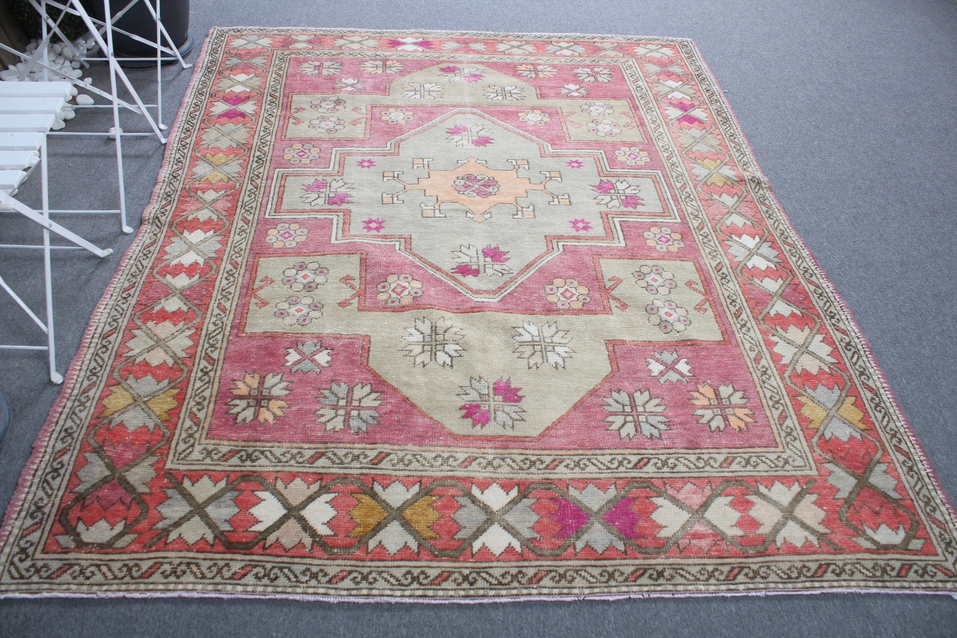 Kırmızı Yün Halılar, Yemek Odası Halıları, Oushak Halıları, Türk Halısı, 5,9x7,5 ft Büyük Halılar, El Dokuma Halılar, Vintage Halı, Havalı Halılar, Oturma Odası Halısı