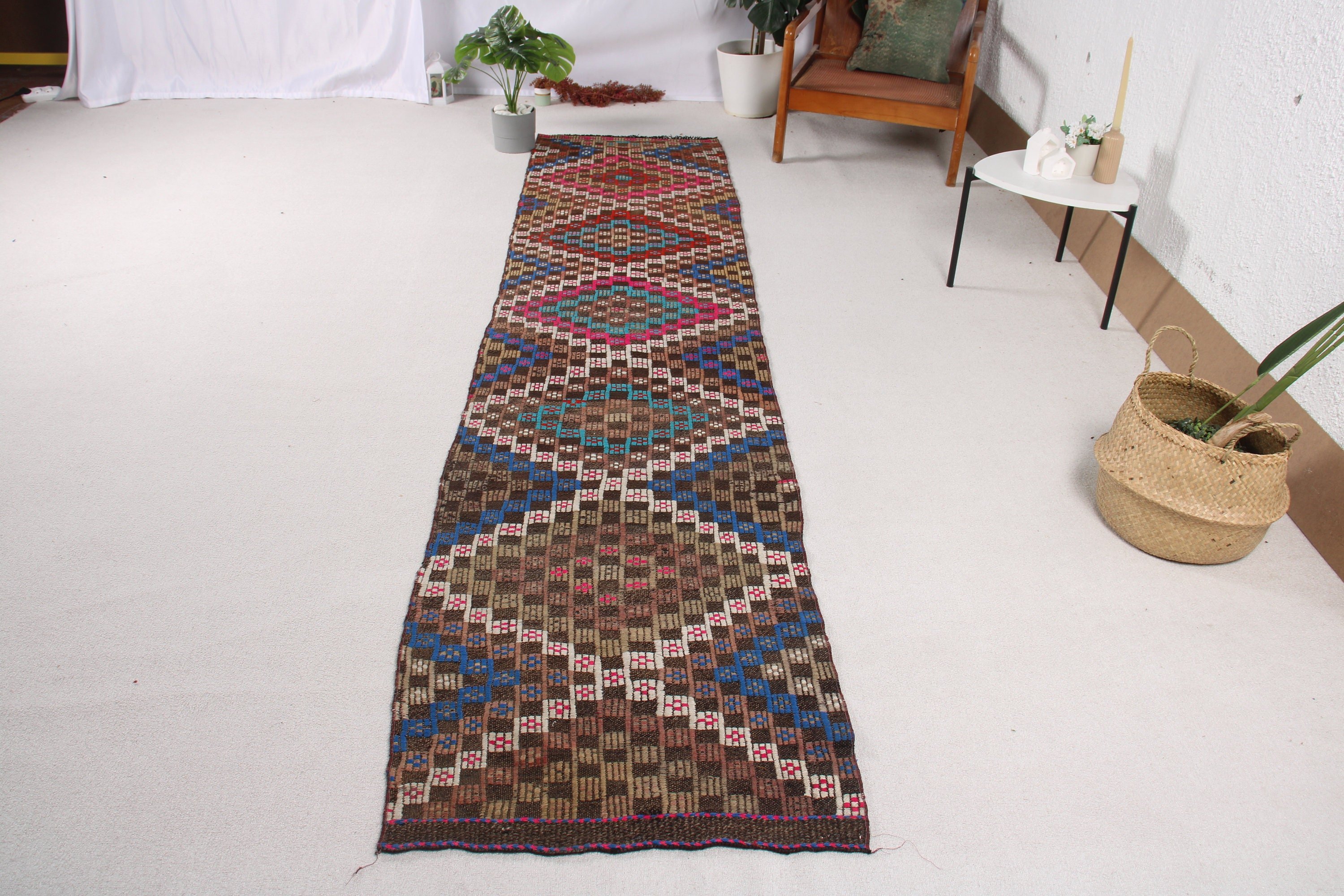 Havalı Halı, Koridor Halısı, 2.3x10.6 ft Runner Halısı, Vintage Runner Halıları, Kilim, Kahverengi Boho Halısı, Türk Halısı, Fas Halıları, Vintage Halı