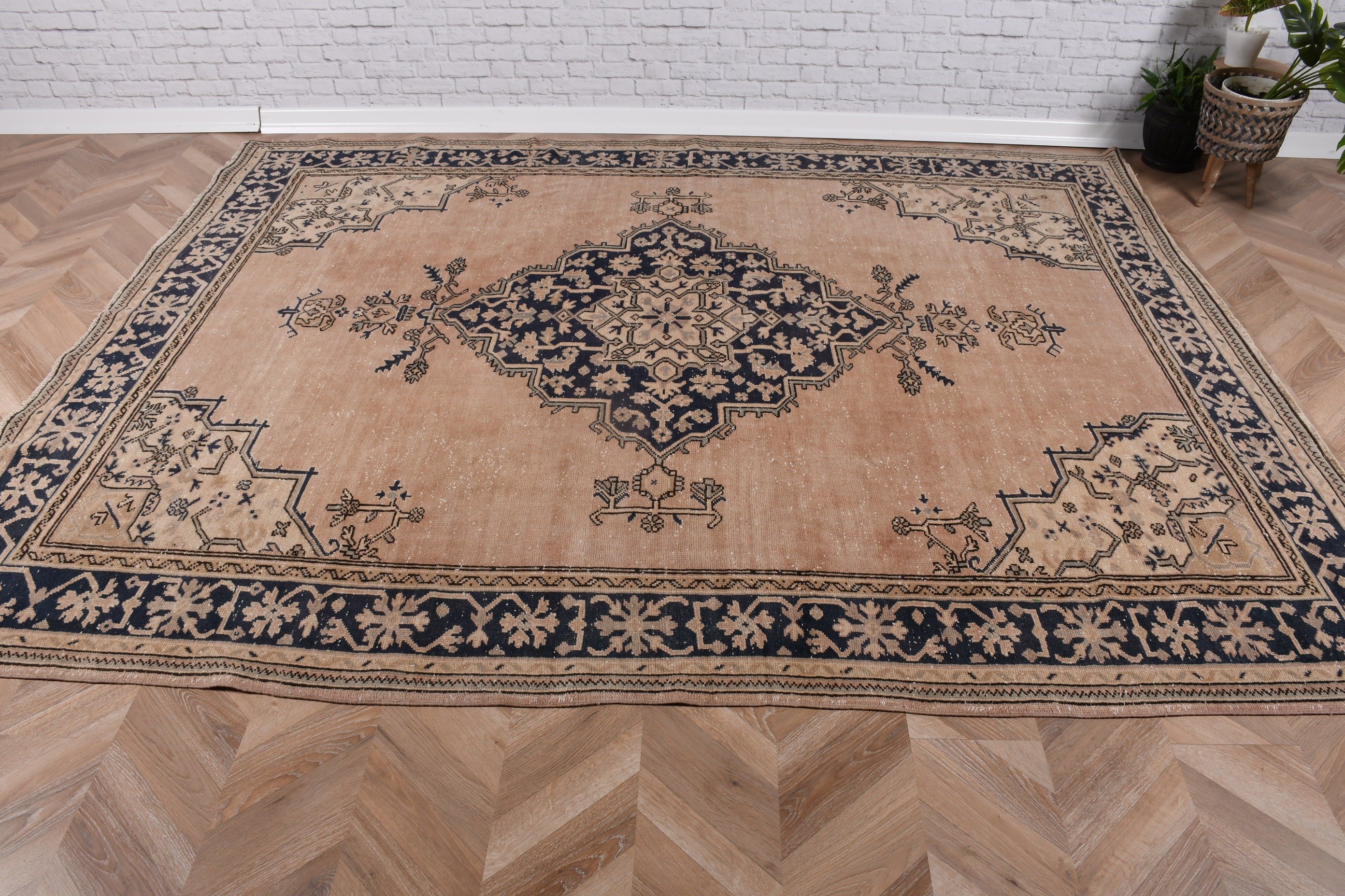 Modern Halılar, Mavi Boho Halı, Geometrik Halılar, Büyük Oushak Halılar, 6,8x8,6 ft Büyük Halı, Türk Halıları, Oushak Halı, Vintage Halı, Yemek Odası Halısı