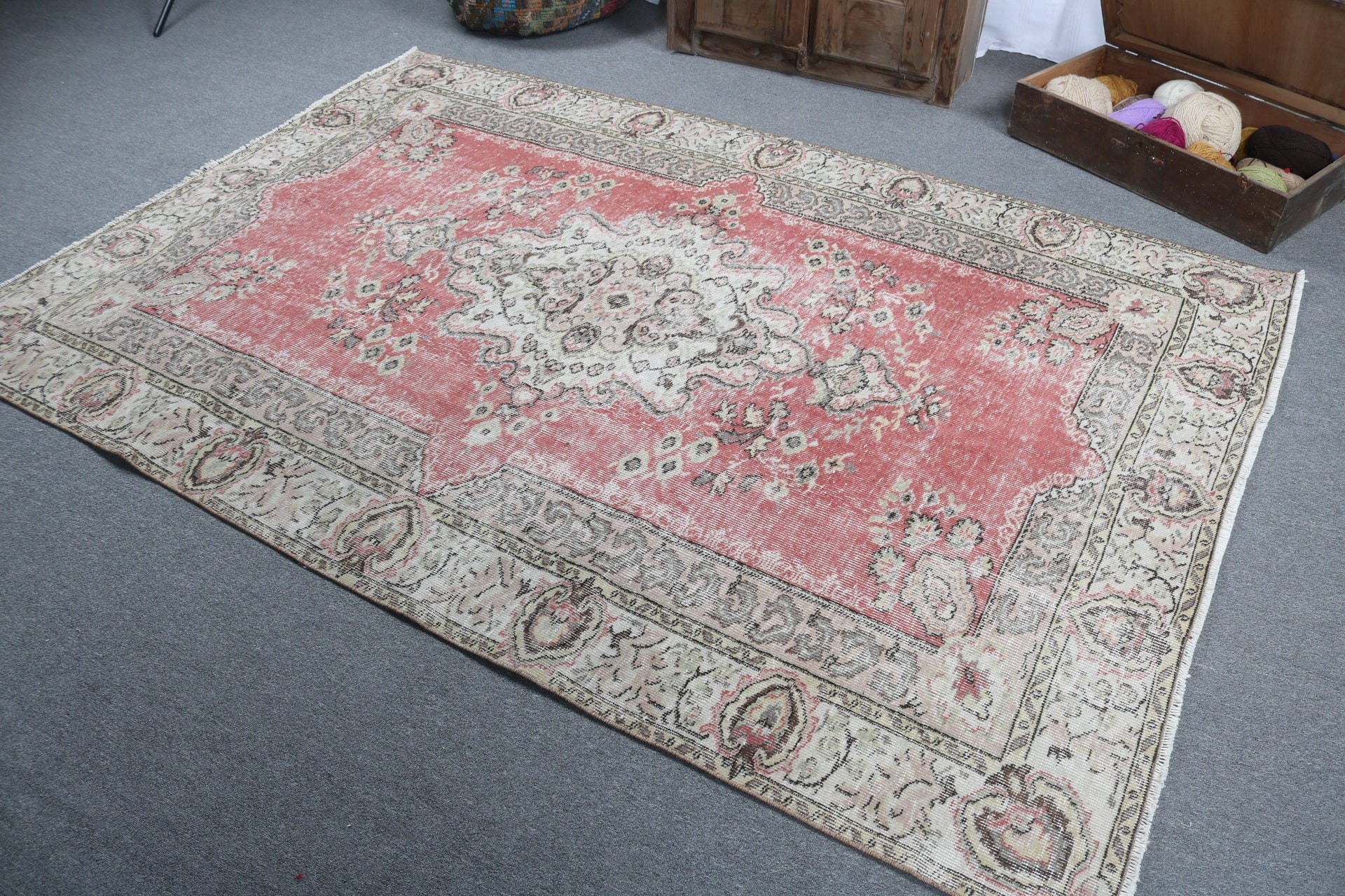 Büyük Boho Halı, Türk Halıları, Büyük Oushak Halıları, Vintage Halı, Yün Halıları, Ev Dekor Halıları, Kırmızı Düz ​​Dokuma Halıları, 5,5x8,1 ft Büyük Halı