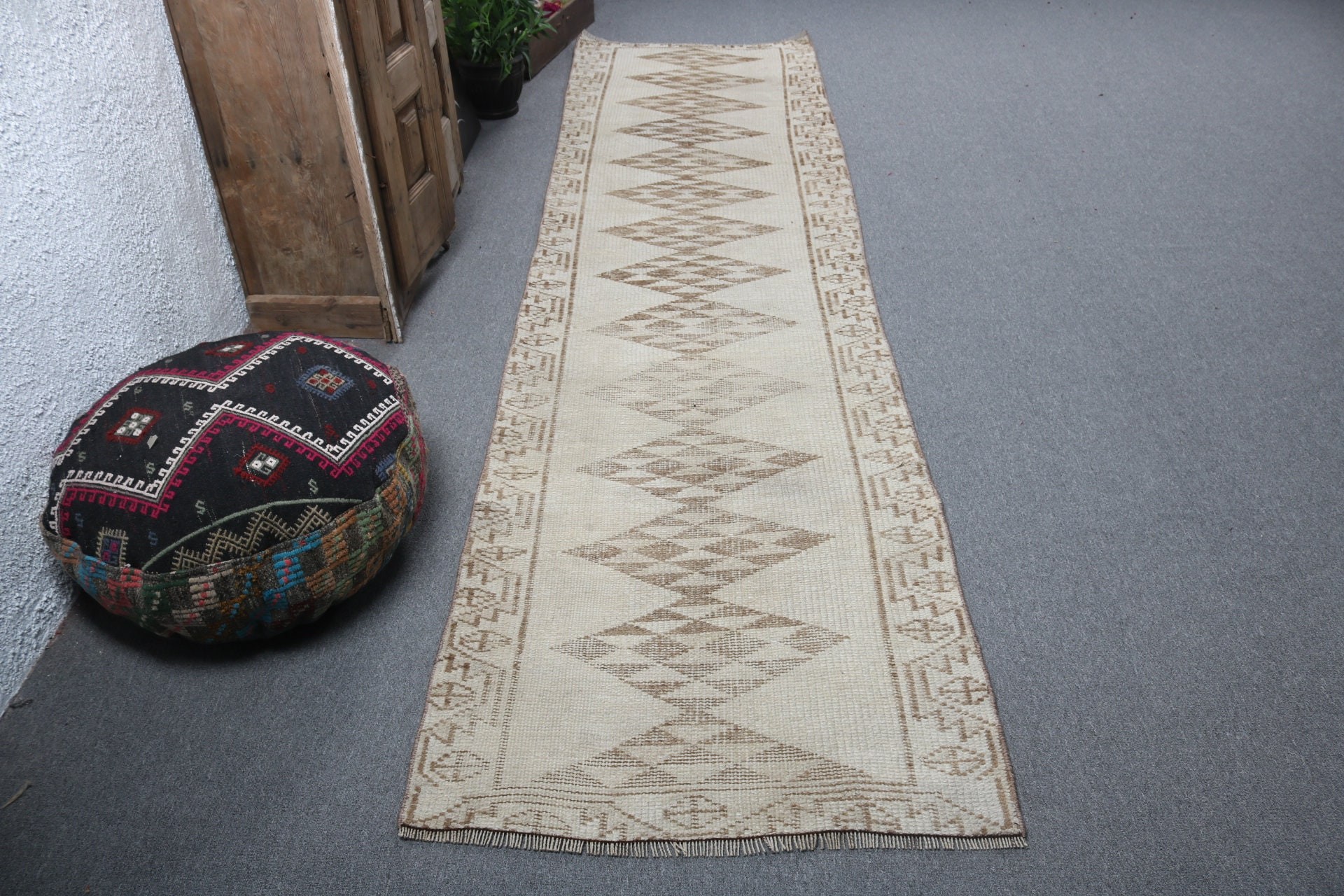 Türk Halısı, Uzun Koşucu Halıları, Bej Oushak Halısı, Vintage Runner Halısı, Vintage Halılar, 2.9x11.2 ft Runner Halısı, Antika Halılar, Harika Halılar