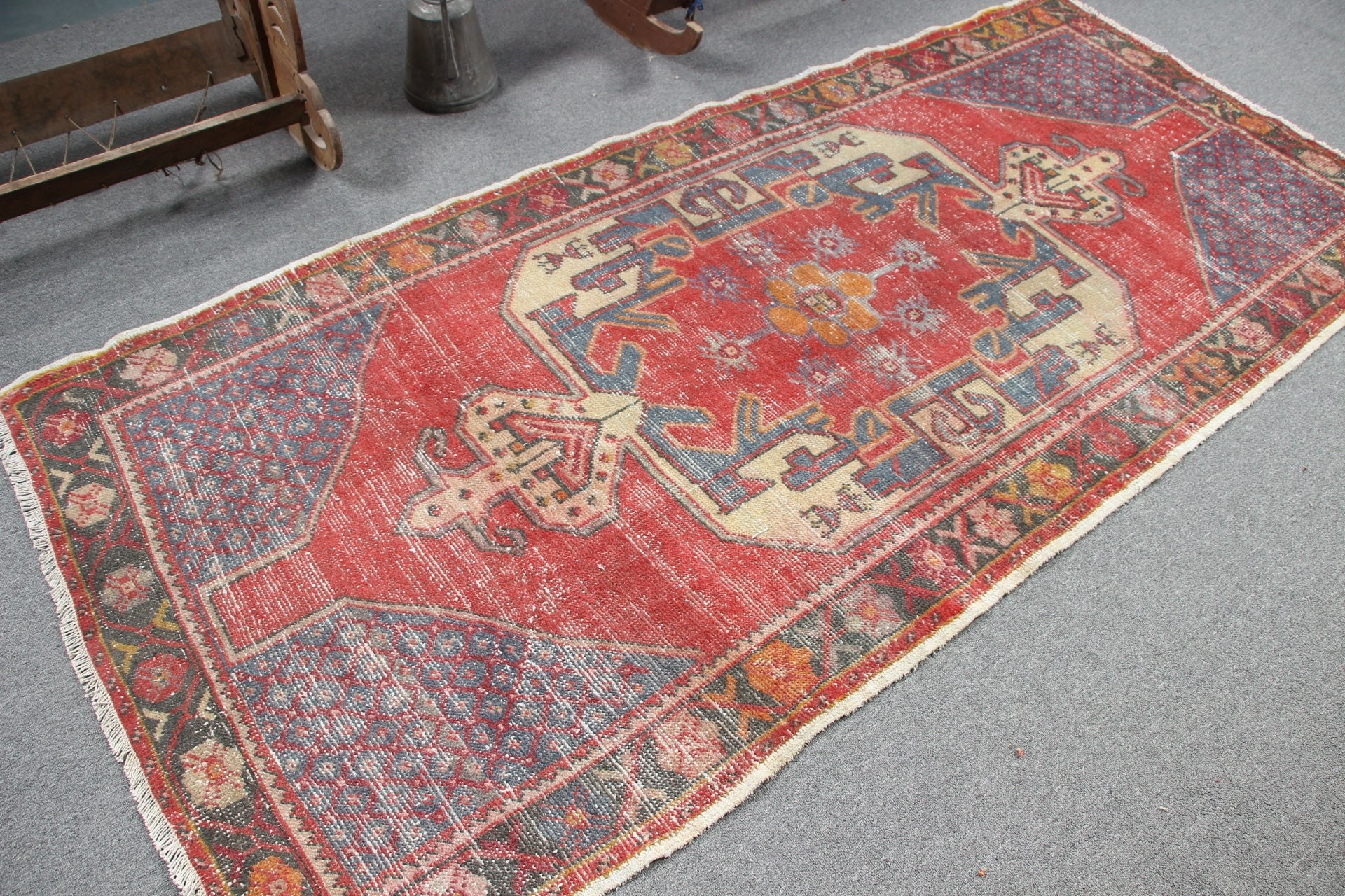 Indoor Rug, Oriental Rug, Floor Rug, Rugs for Kitchen, Vintage Rug, Turkish Rug, Moroccan Rug, Pale Rugs, 4x8.2 ft Area Rug, Red Cool Rug