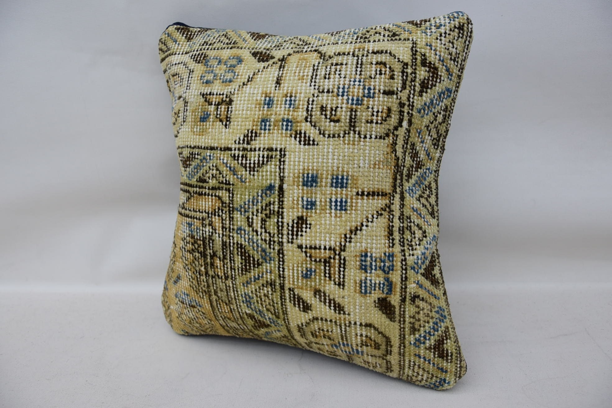 Boho Pillow, 14"x14" Beige Pillow Sham, Turkish Pillow, Ethnic Pillow Cover Pillow Sham, Handmade Cushion Case, Vintage Kilim Pillow