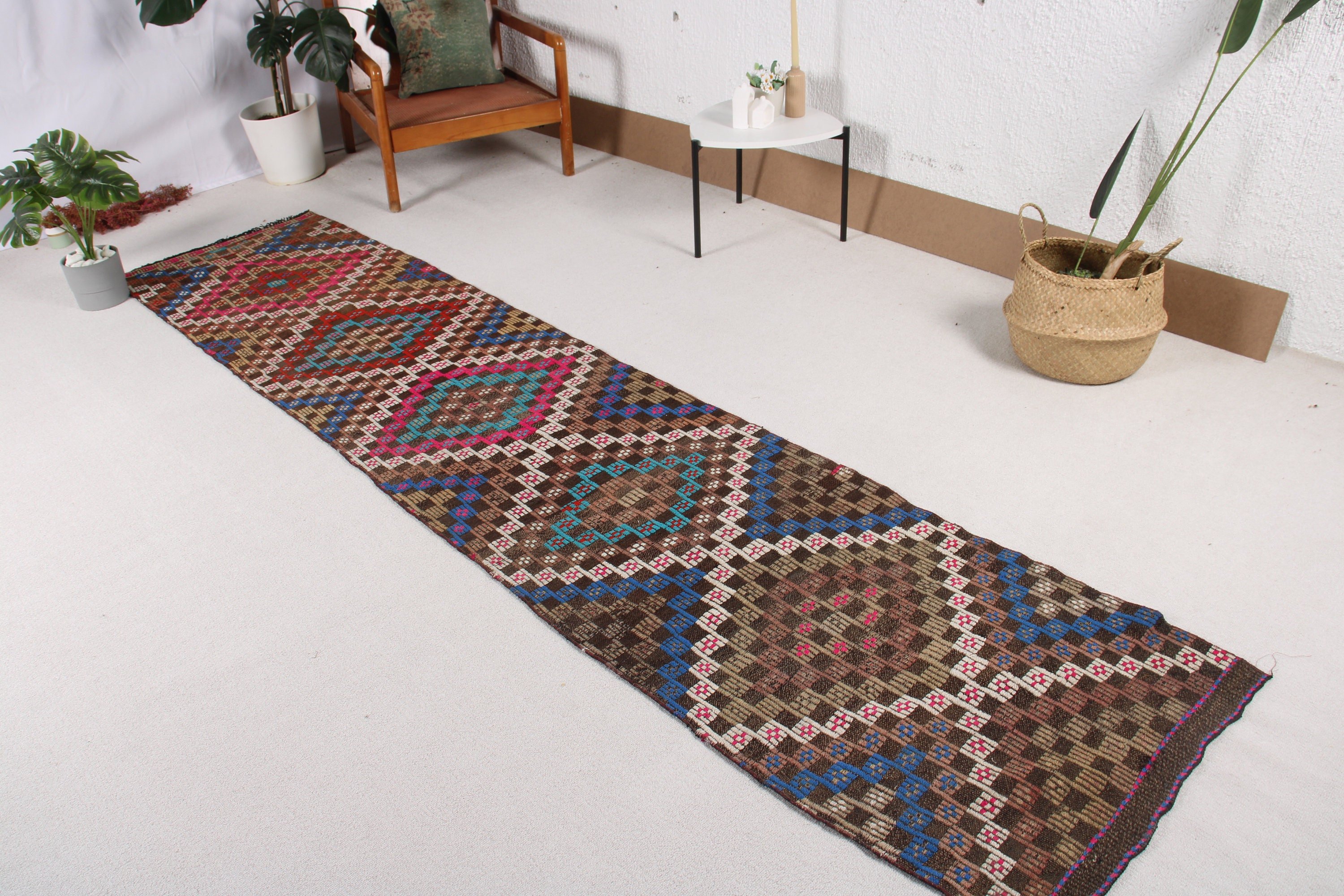 Havalı Halı, Koridor Halısı, 2.3x10.6 ft Runner Halısı, Vintage Runner Halıları, Kilim, Kahverengi Boho Halısı, Türk Halısı, Fas Halıları, Vintage Halı