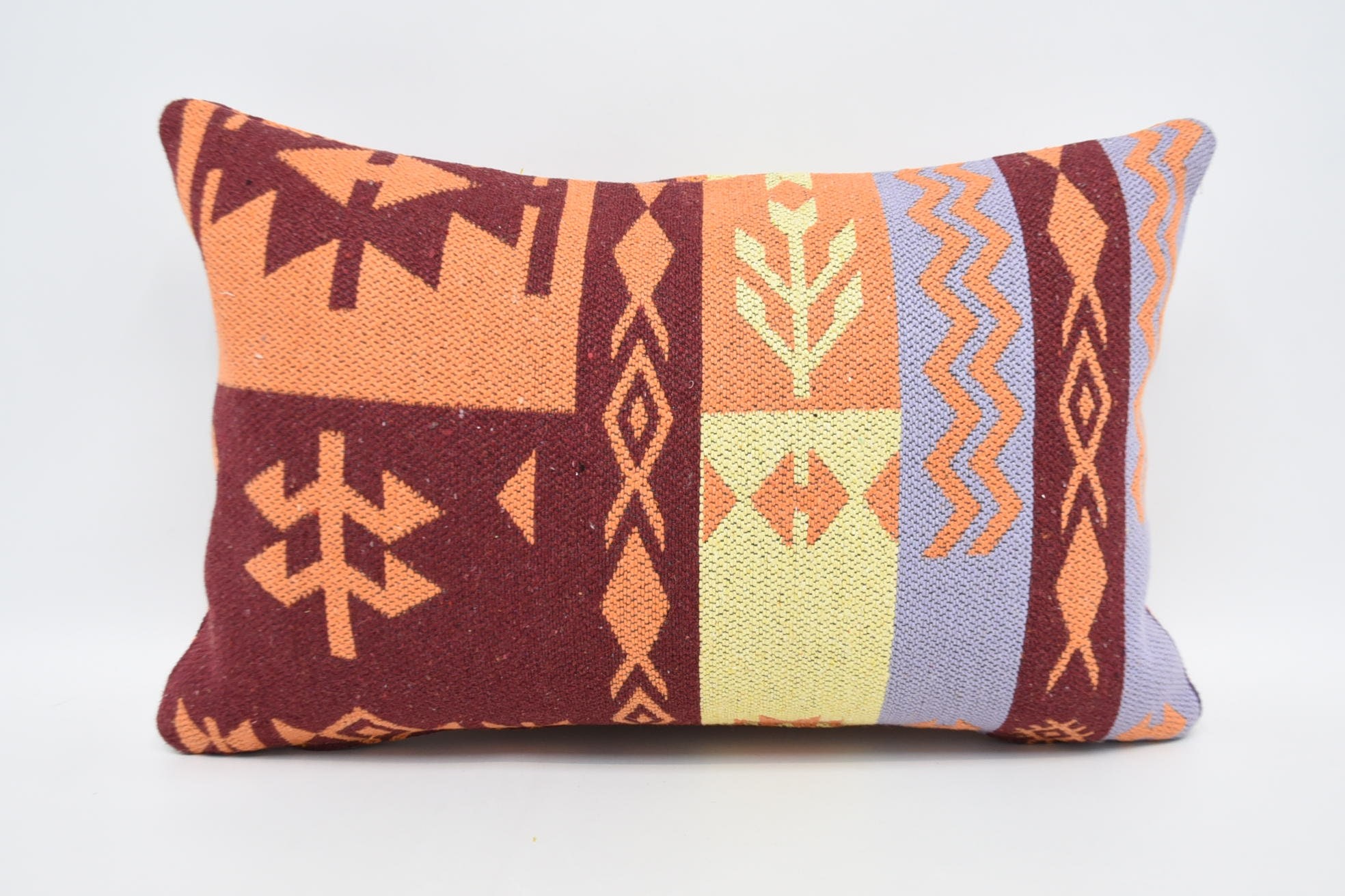 Colorful Pillow Case, Ethnical Kilim Rug Pillow, 16"x24" Orange Pillow Sham, Bench Pillow Cover, Vintage Kilim Pillow, Throw Kilim Pillow