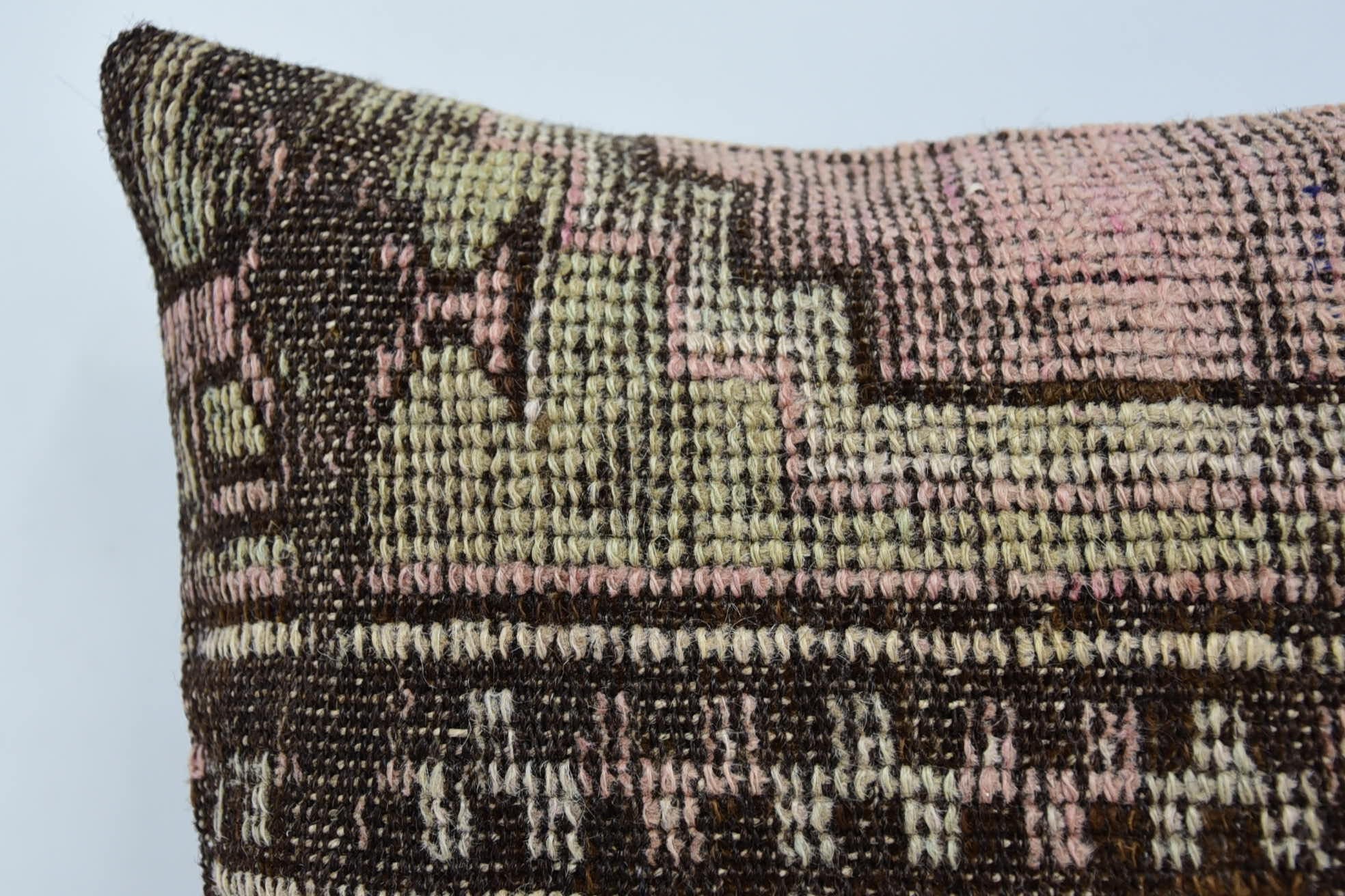 16"x16" Brown Cushion Case, Turkish Pillow, Kilim Pillow, Square Throw Pillow Cover, Boho Pillow Sham Cover, Patio Cushion Cover