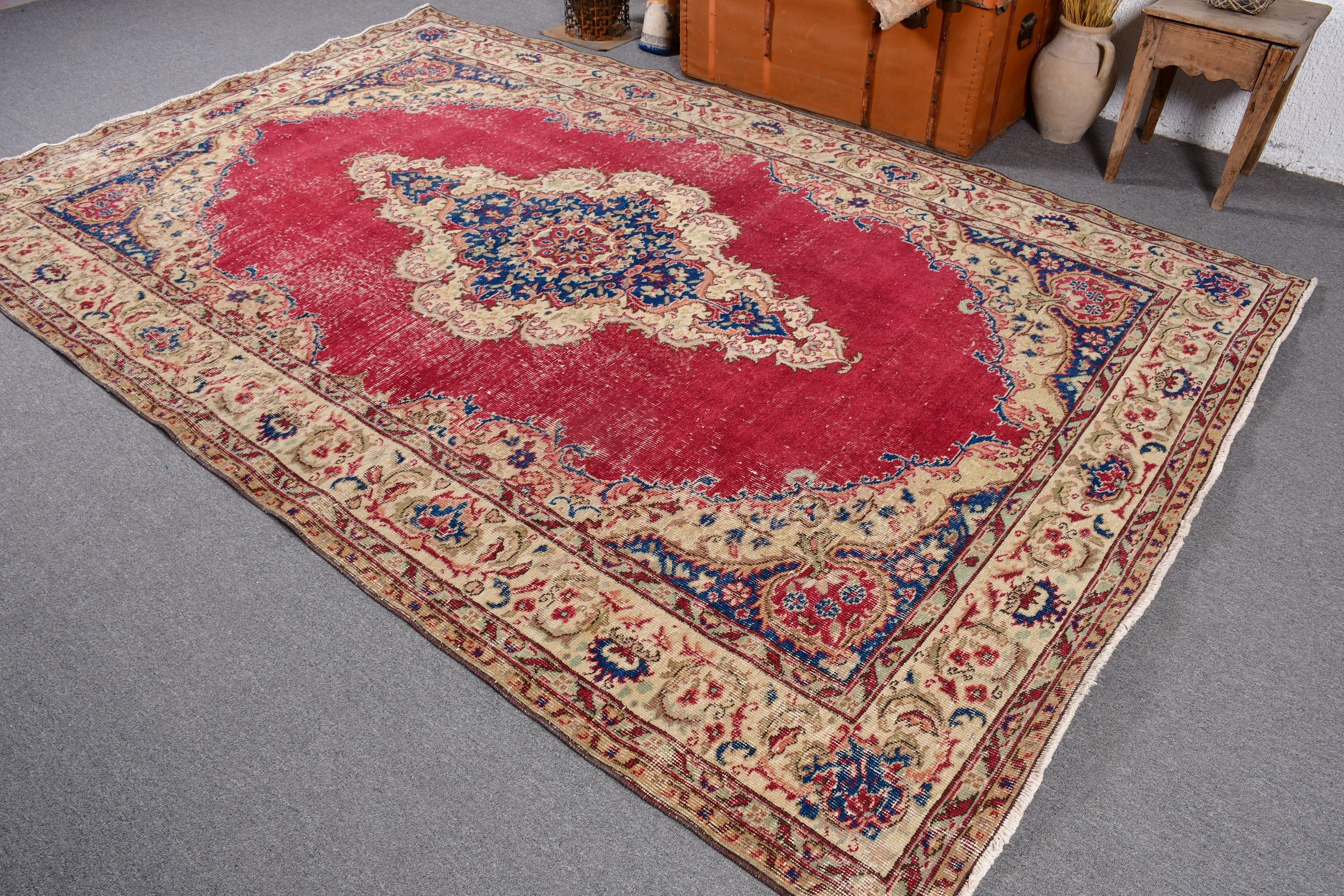 6.4x9.9 ft Büyük Halı, Geometrik Halı, Yatak Odası Halıları, Yemek Odası Halıları, Ev Dekorasyonu Halıları, Vintage Halılar, Kırmızı Yer Halıları, Lüks Halılar, Türk Halıları