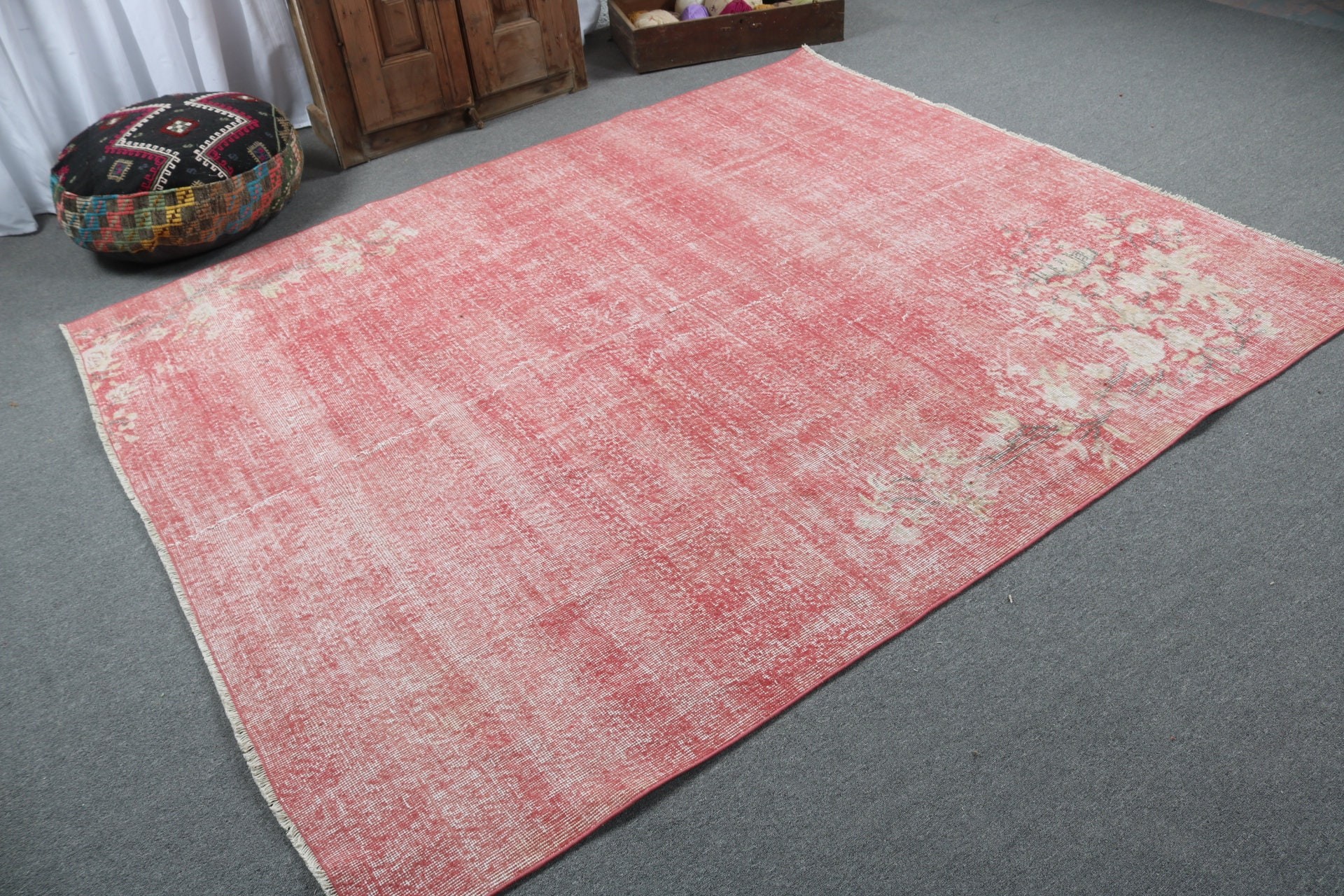 Salon Halısı, Vintage Halı, 6.6x7.9 ft Büyük Halı, Yer Halısı, Türk Halısı, Oturma Odası Halıları, Pembe Yatak Odası Halıları, Yemek Odası Halıları, Boho Halısı