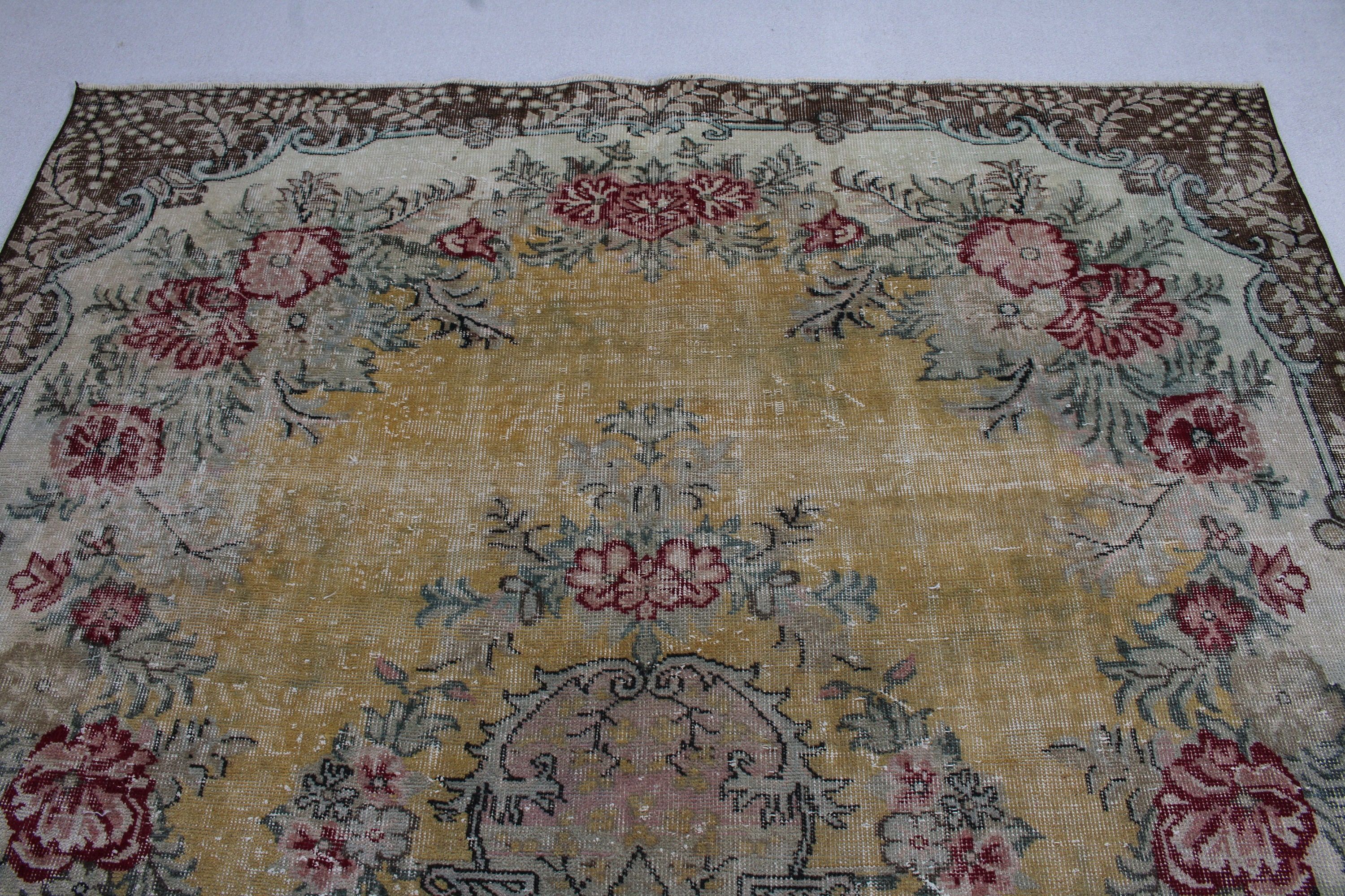 6.7x10 ft Büyük Halı, Vintage Halı, Geometrik Halılar, Türk Halıları, Oushak Halısı, Kahverengi Fas Halısı, Büyük Oushak Halıları, Büyük Boho Halısı