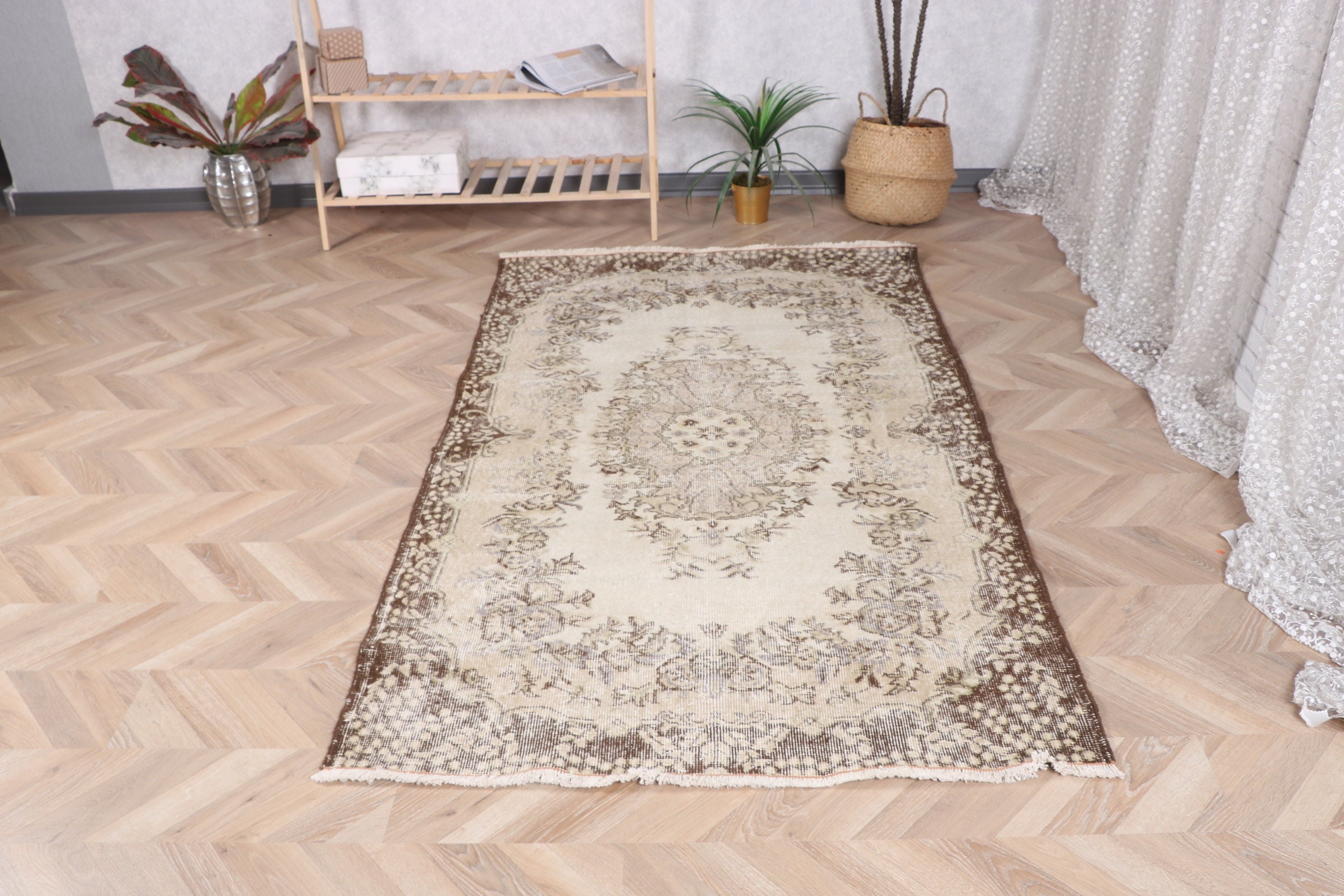 Bej Mutfak Halısı, Vintage Halı, Ev Dekorasyonu Halıları, Düz Dokuma Halılar, 3,9x6,8 ft Alan Halıları, Türk Halısı, Vintage Alan Halıları, Boho Alan Halısı