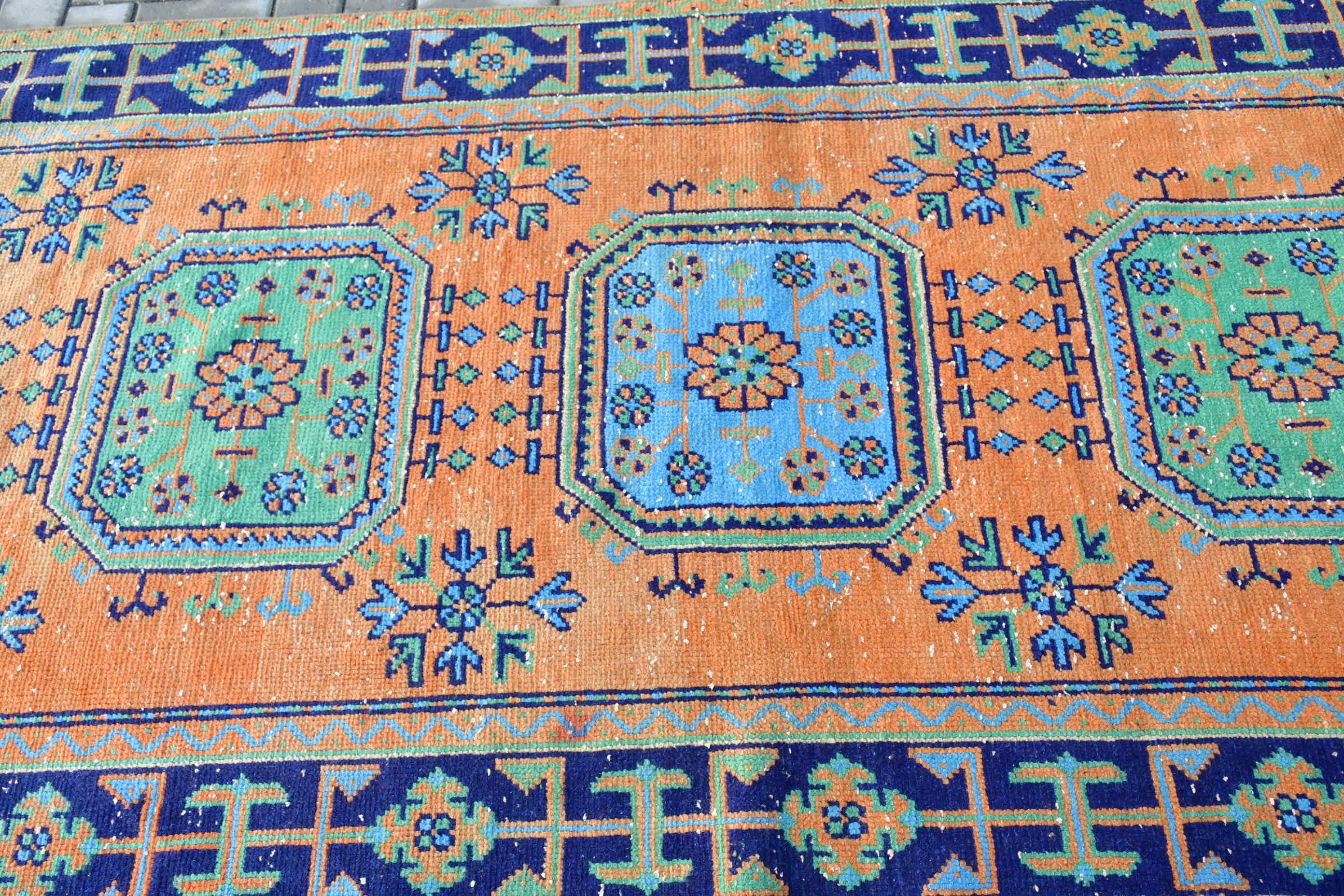 Hand Woven Rugs, Orange Anatolian Rugs, Kitchen Rug, Turkish Rugs, Rugs for Runner, Bedroom Rug, 4.2x11.3 ft Runner Rug, Vintage Rugs