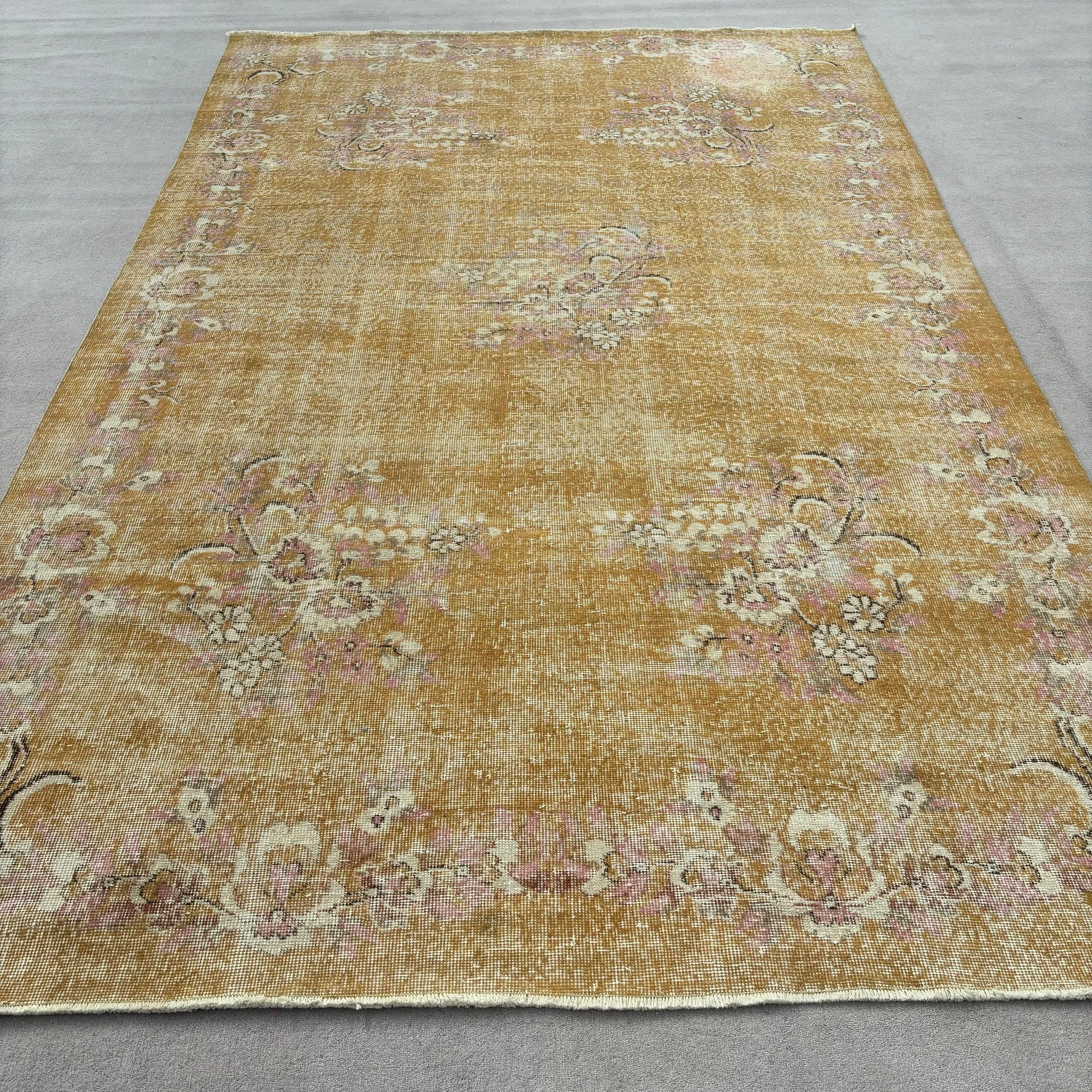 Büyük Vintage Halılar, Yün Halılar, Vintage Halı, 6,1x9,6 ft Büyük Halı, Turuncu Mutfak Halıları, Boho Halısı, Türk Halısı, Büyük Oushak Halısı, Yatak Odası Halısı