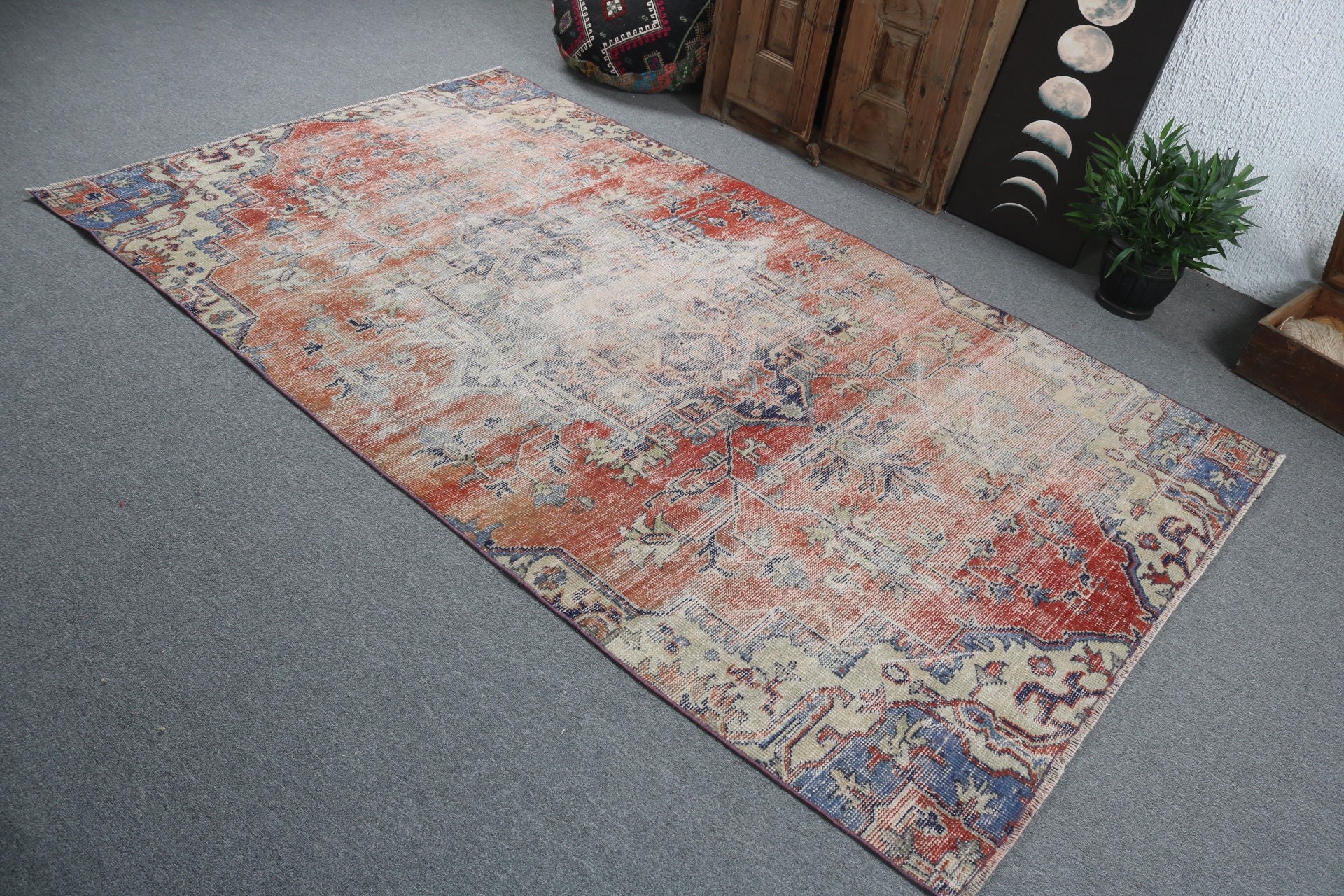 Red Moroccan Rug, Floor Rug, Turkish Rug, Neutral Rugs, Vintage Rug, Kitchen Rugs, Large Oushak Rugs, 5x8.5 ft Large Rug, Bedroom Rugs