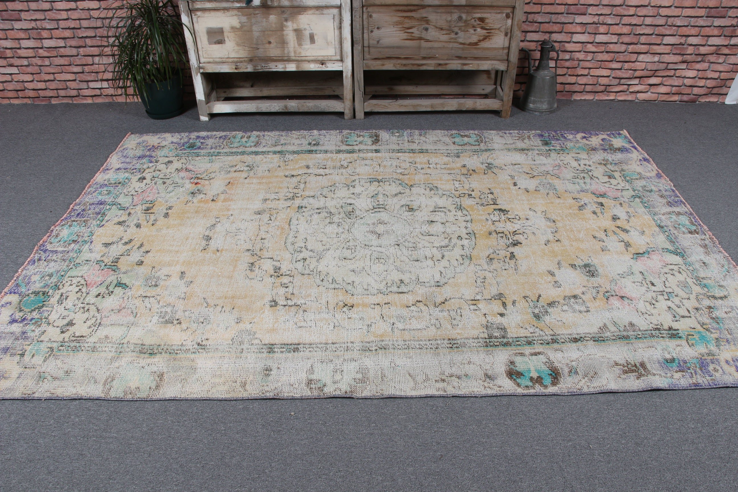 Büyük Vintage Halı, 5.3x8.3 ft Büyük Halı, Vintage Halılar, Oryantal Halılar, Türk Halıları, Büyük Boho Halısı, Sarı Antika Halı