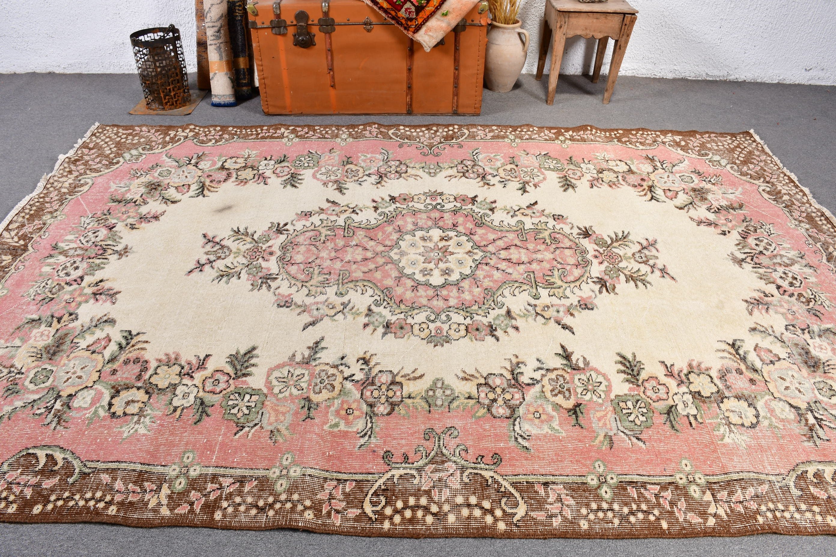 Kahverengi Mutfak Halısı, Yemek Odası Halıları, Vintage Halılar, Büyük Oushak Halıları, Yatak Odası Halıları, Türk Halısı, 6.3x9.6 ft Büyük Halılar, Anadolu Halısı